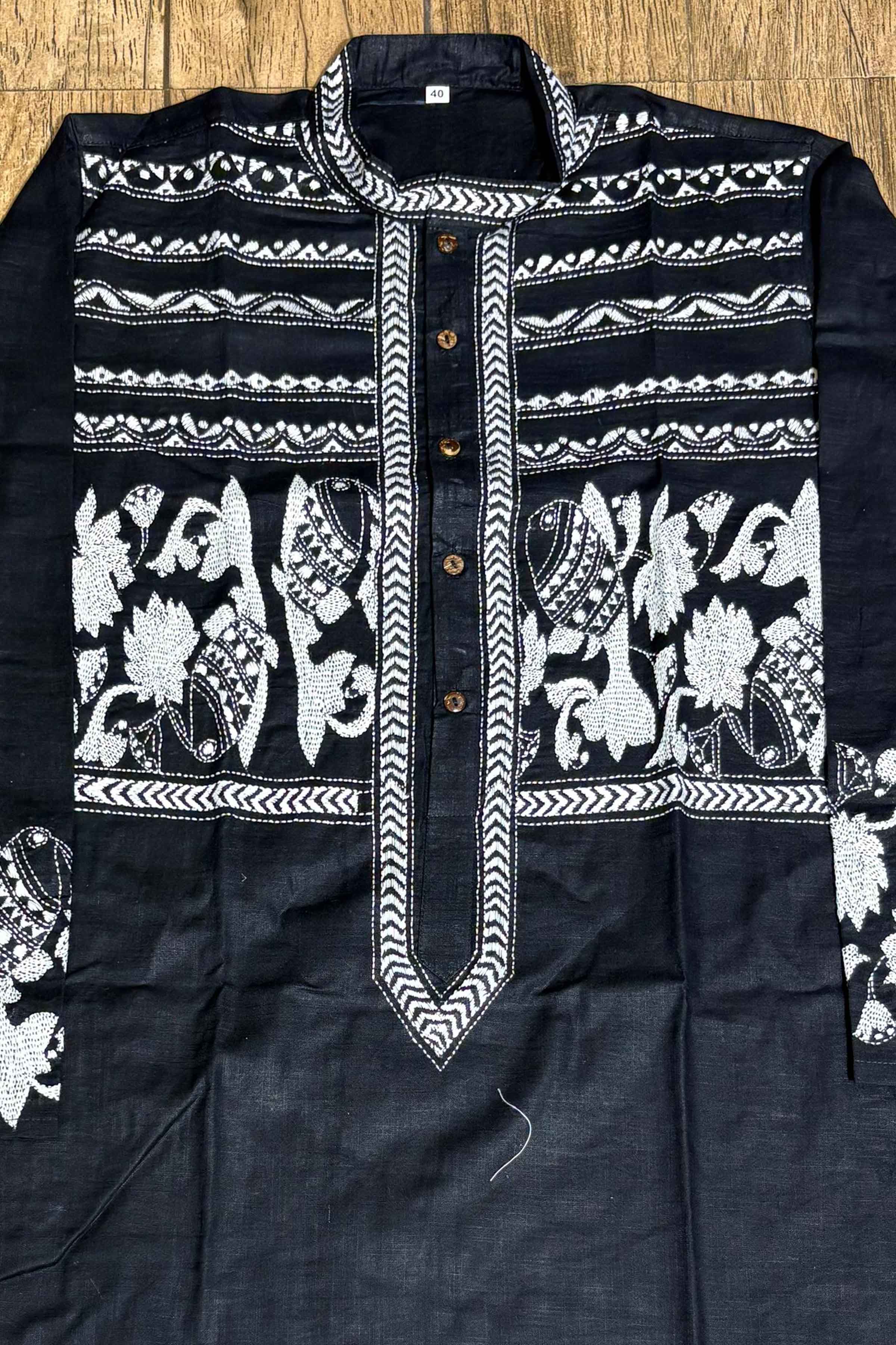 Black Color Cotton with White Color Thread Work Kantha Panjabi