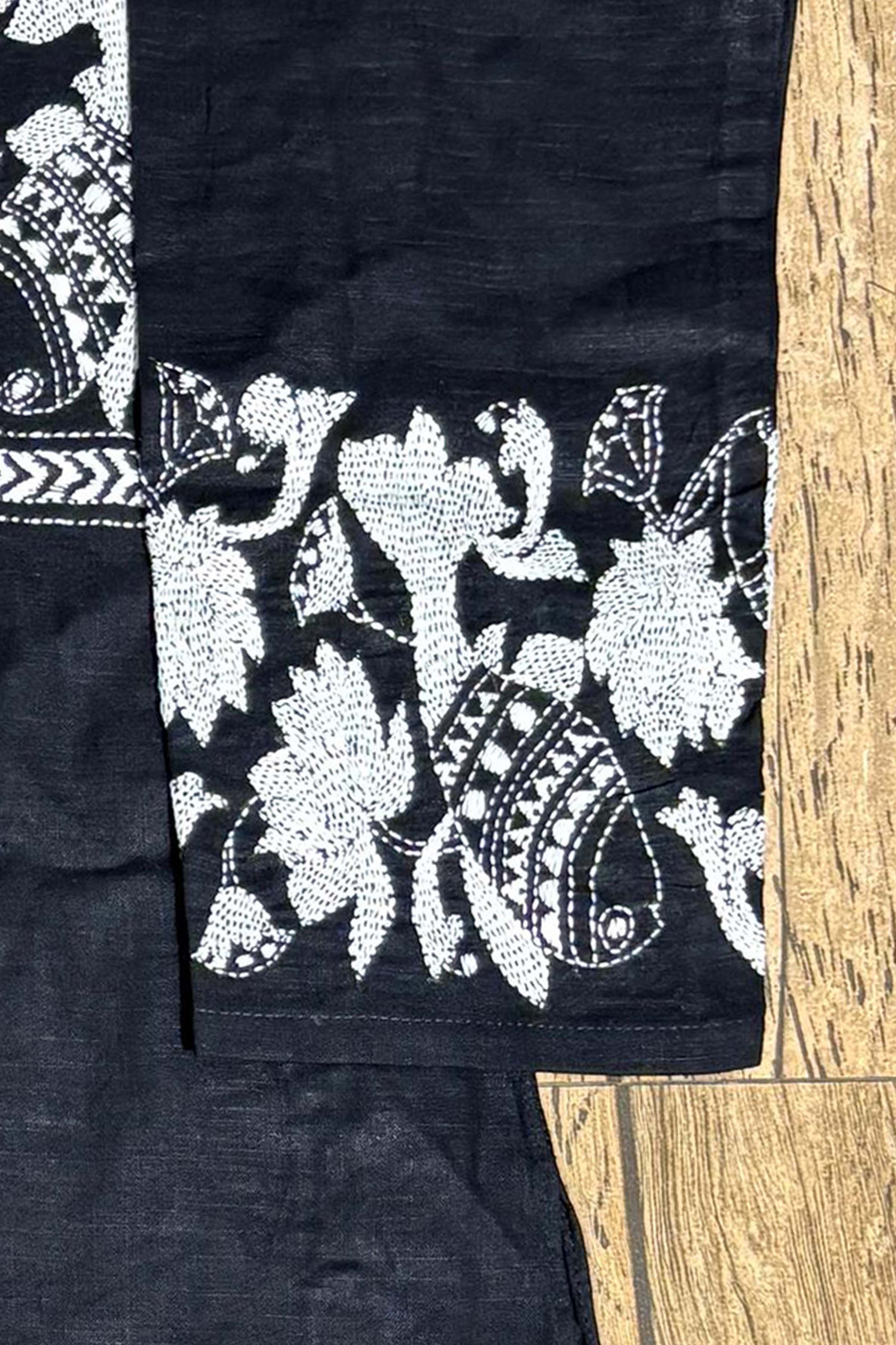 Black Color Cotton with White Color Thread Work Kantha Panjabi