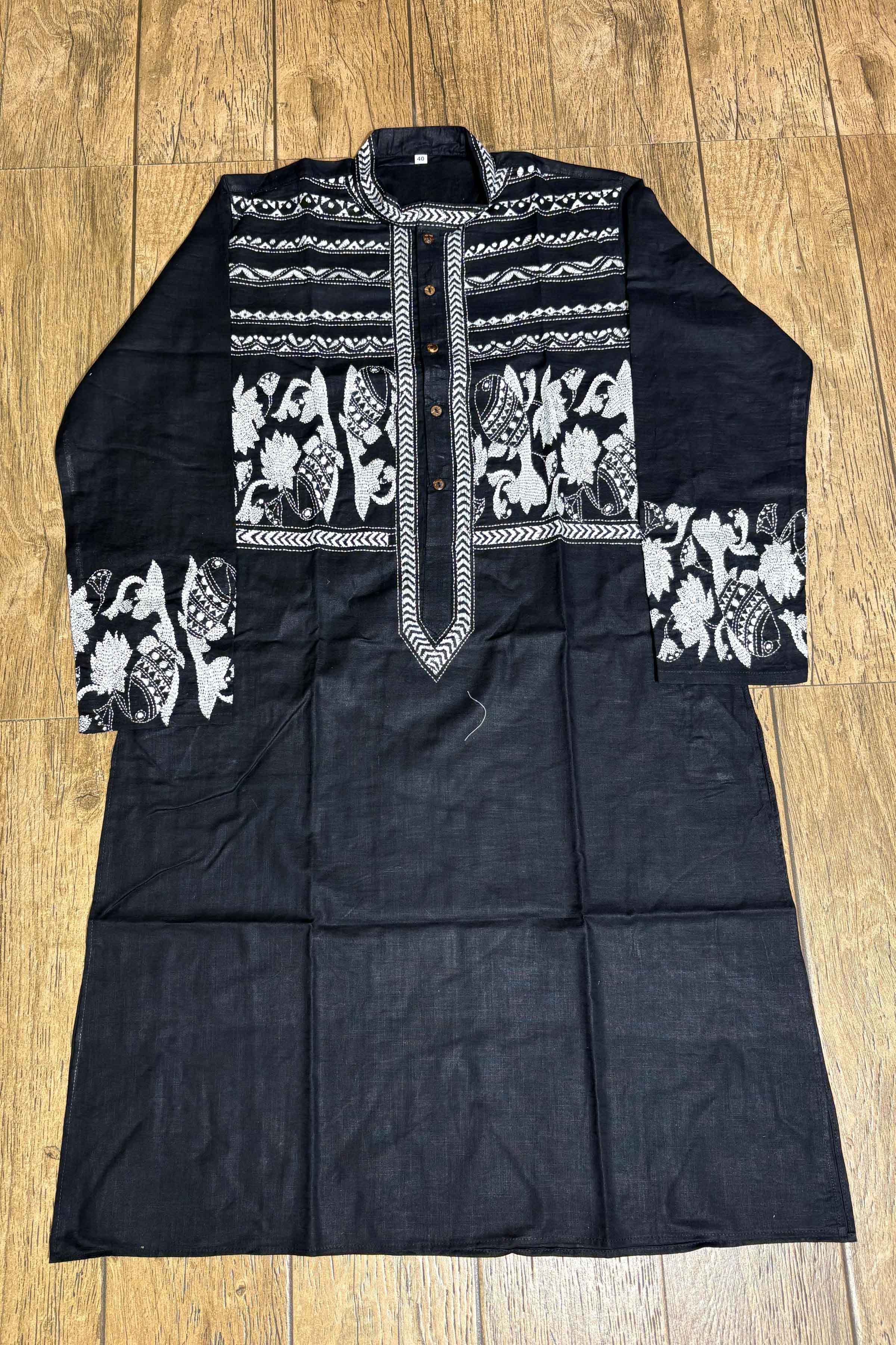 Black Color Cotton with White Color Thread Work Kantha Panjabi