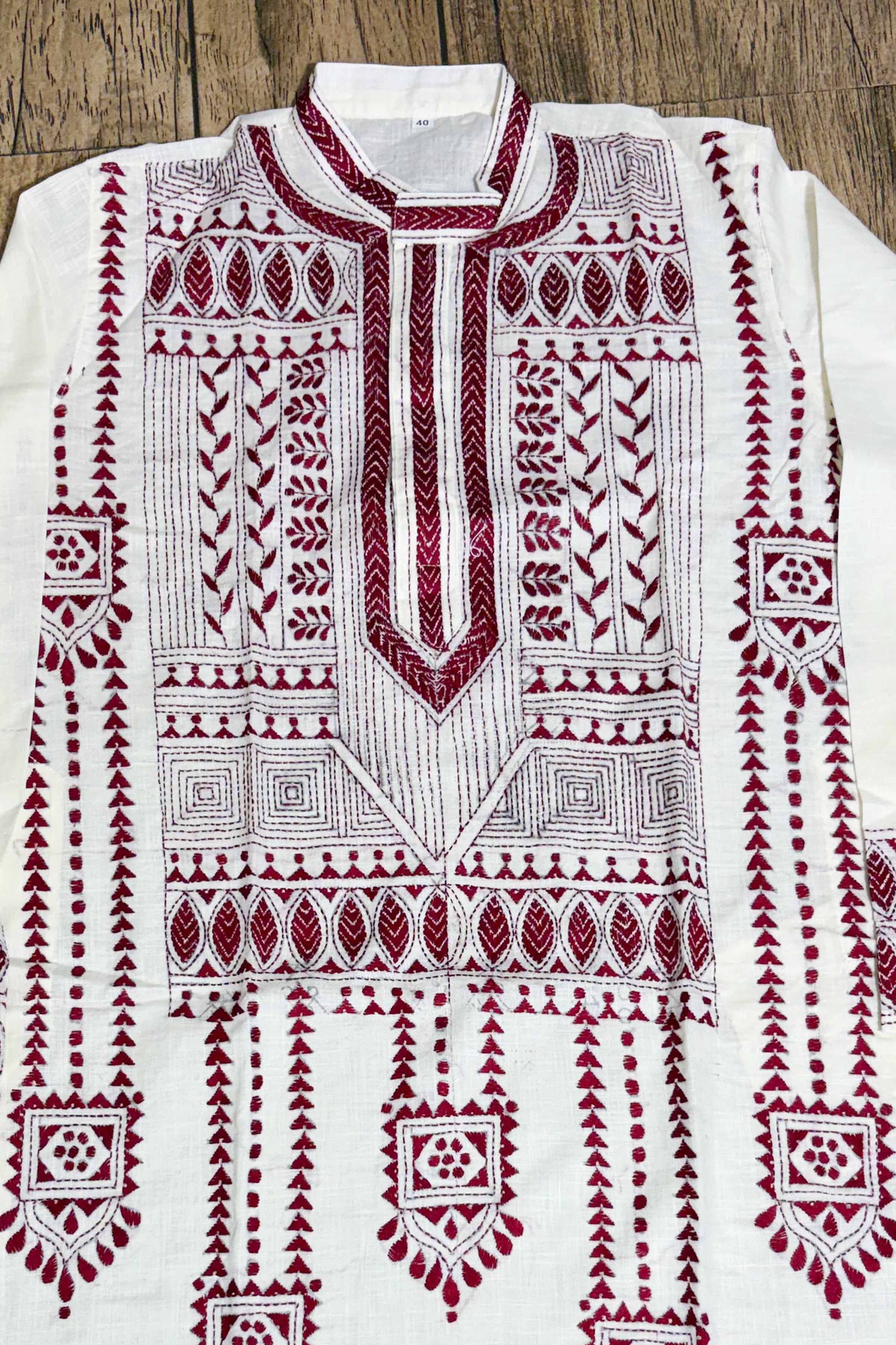 White Color Cotton with Maroon Color Thread Work Kantha Panjabi