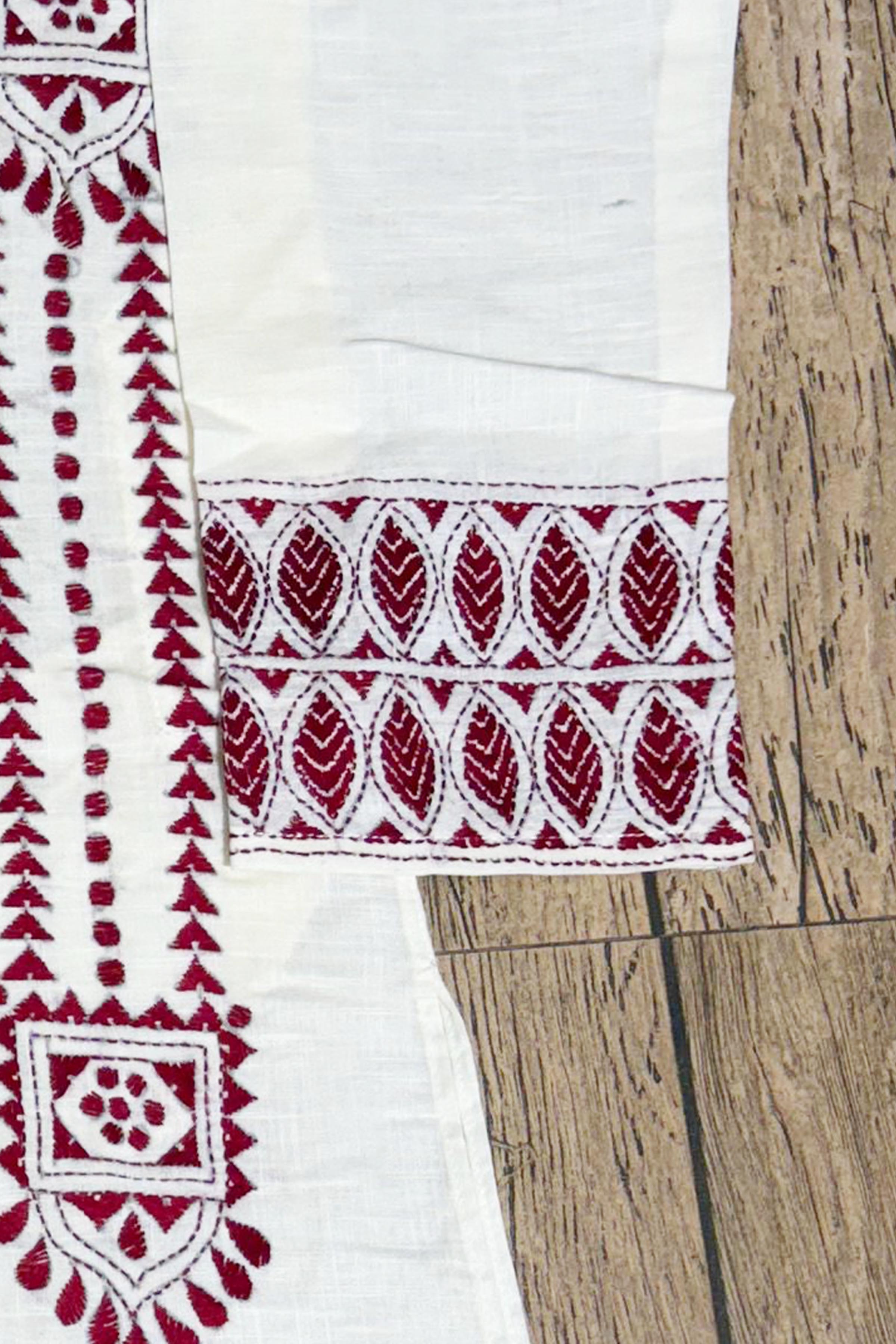 White Color Cotton with Maroon Color Thread Work Kantha Panjabi
