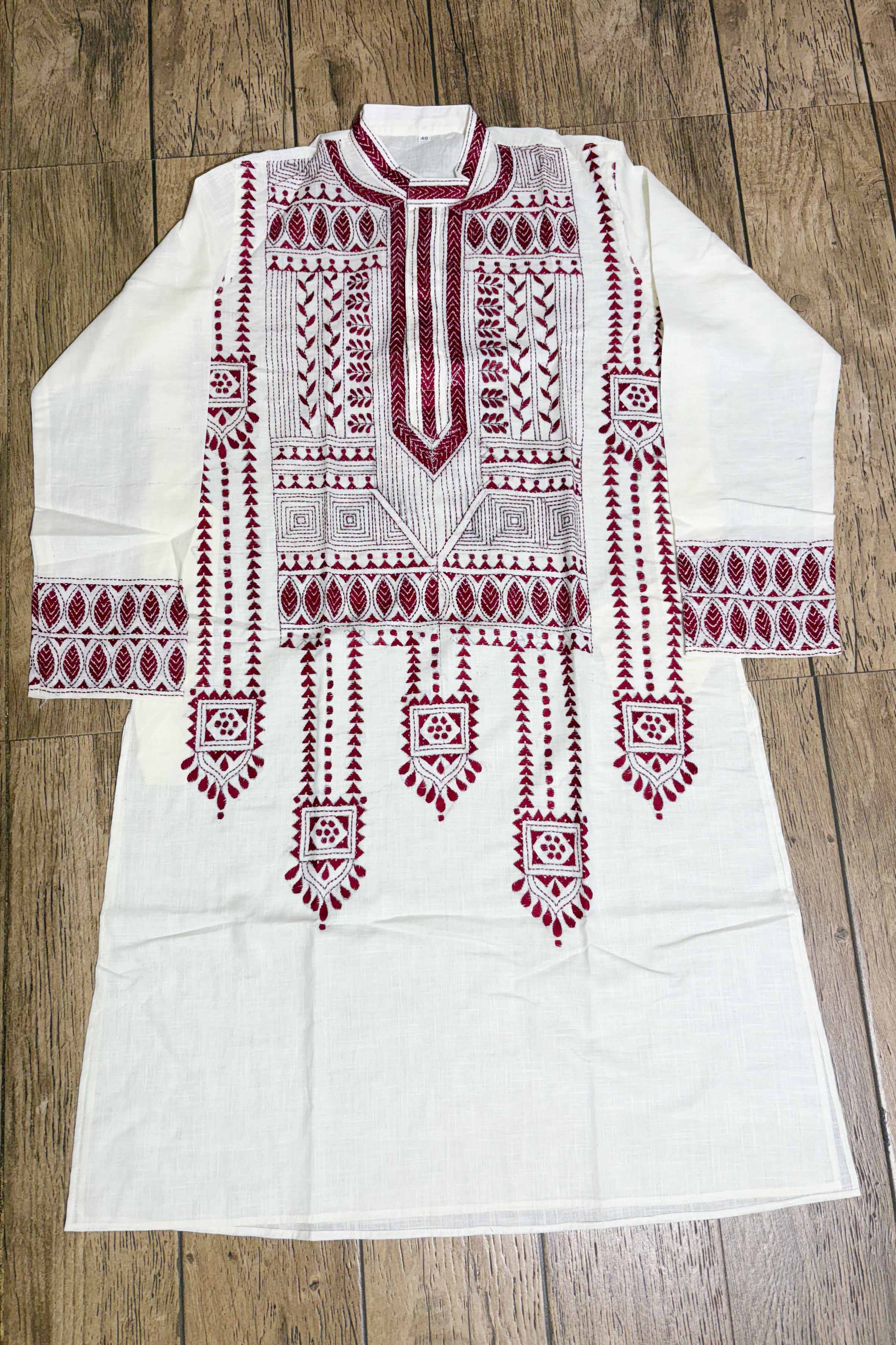 White Color Cotton with Maroon Color Thread Work Kantha Panjabi