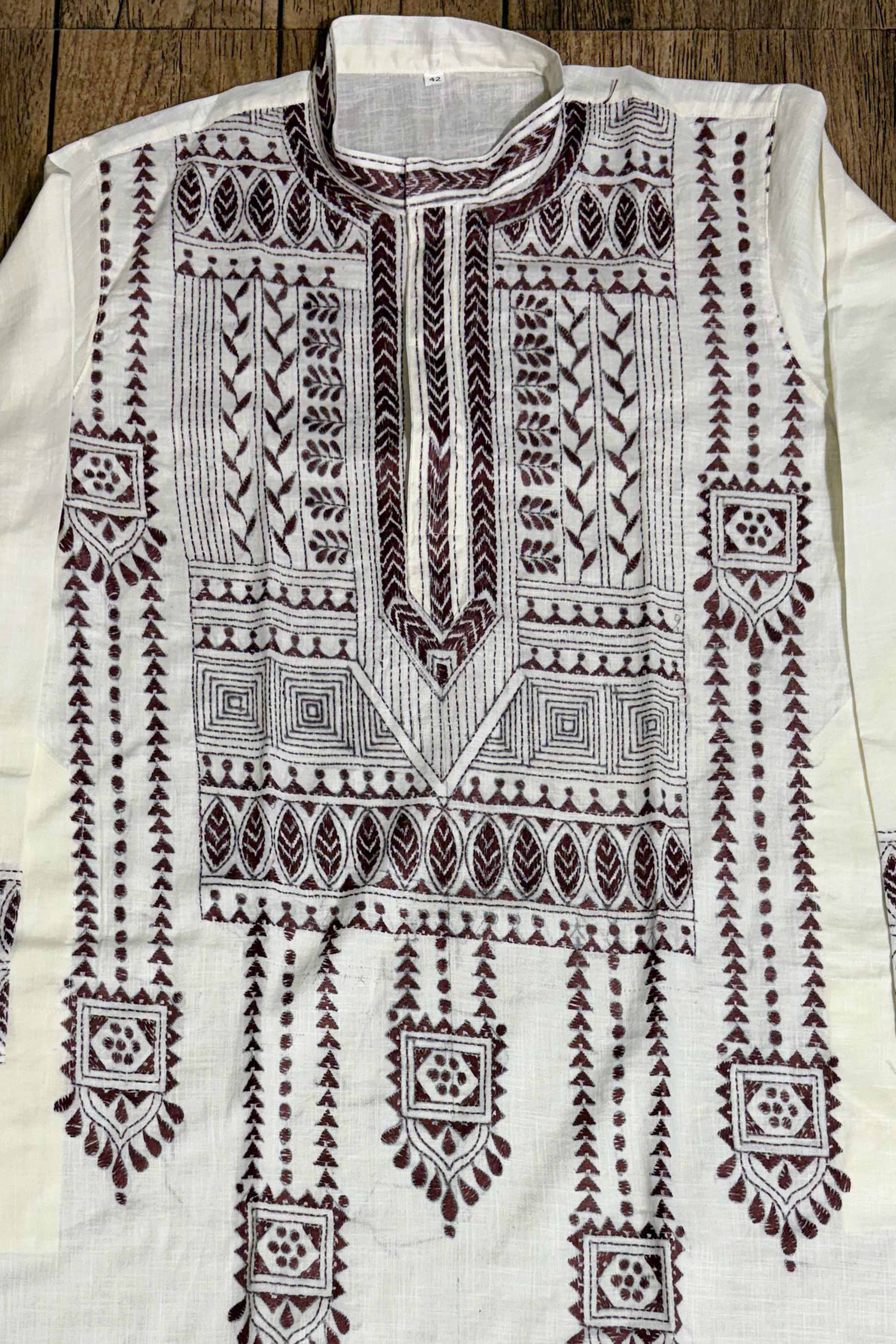 White Color Cotton with Dark Maroon color Thread Work Kantha Panjabi