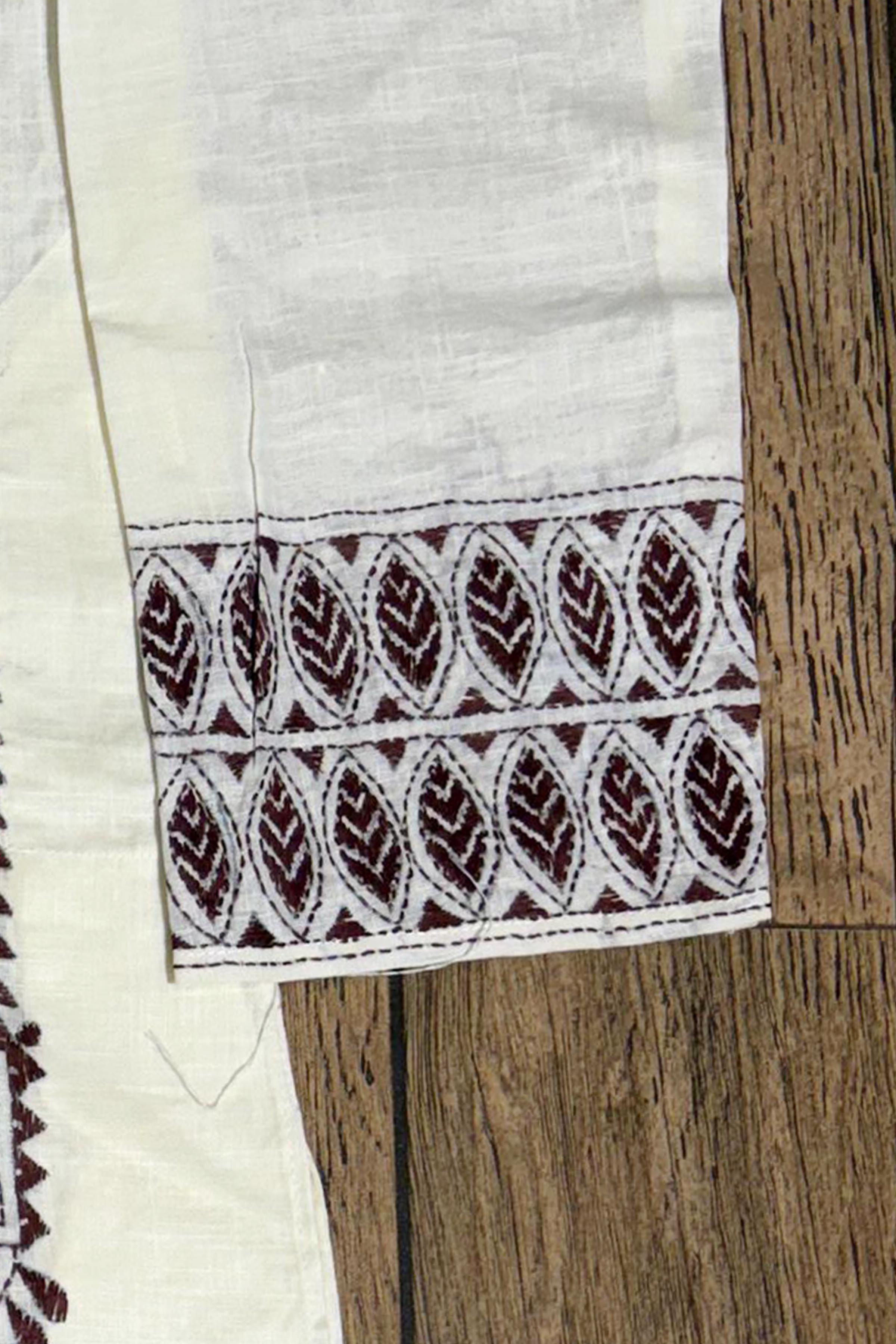 White Color Cotton with Dark Maroon color Thread Work Kantha Panjabi
