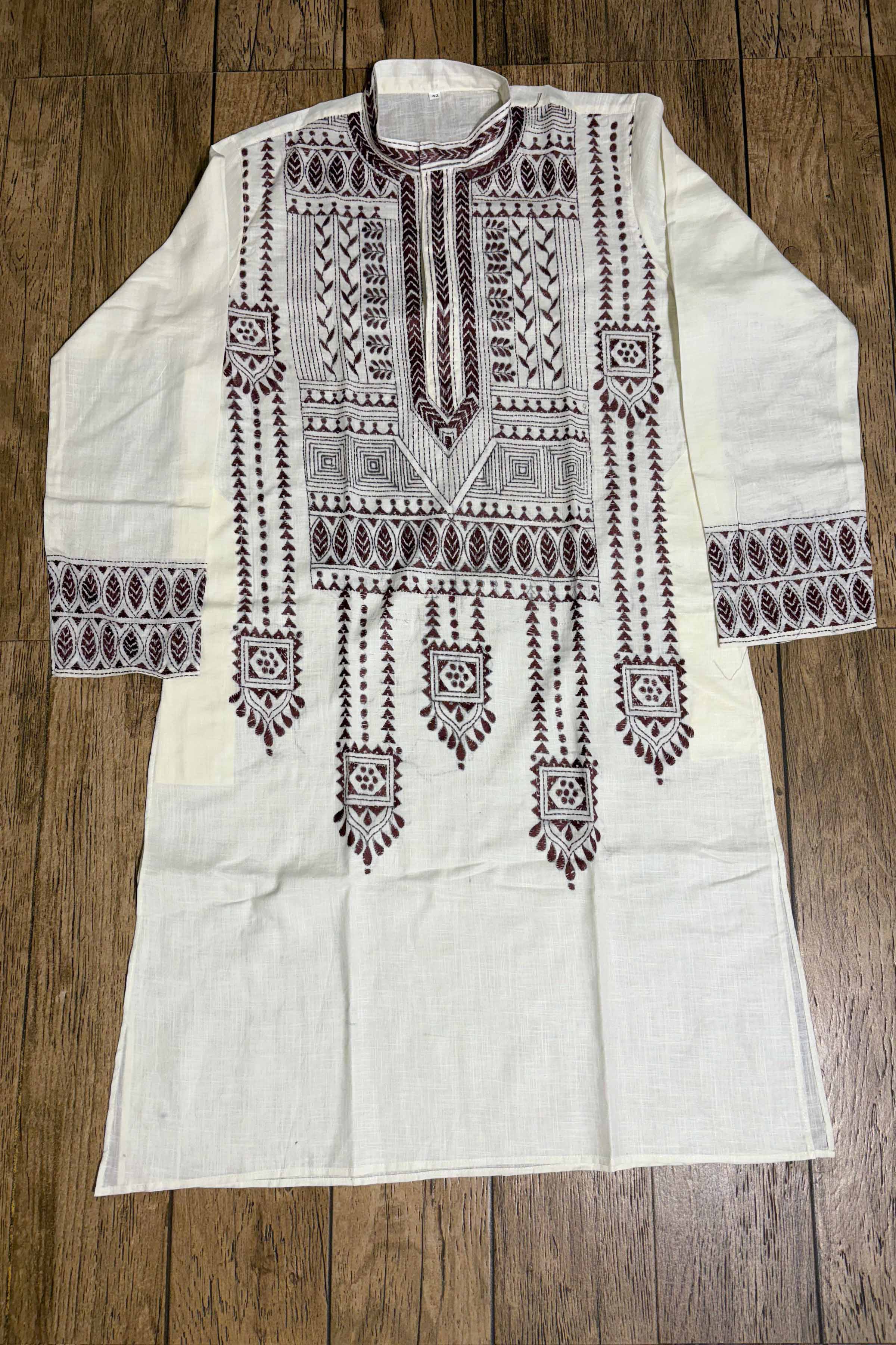 White Color Cotton with Dark Maroon color Thread Work Kantha Panjabi