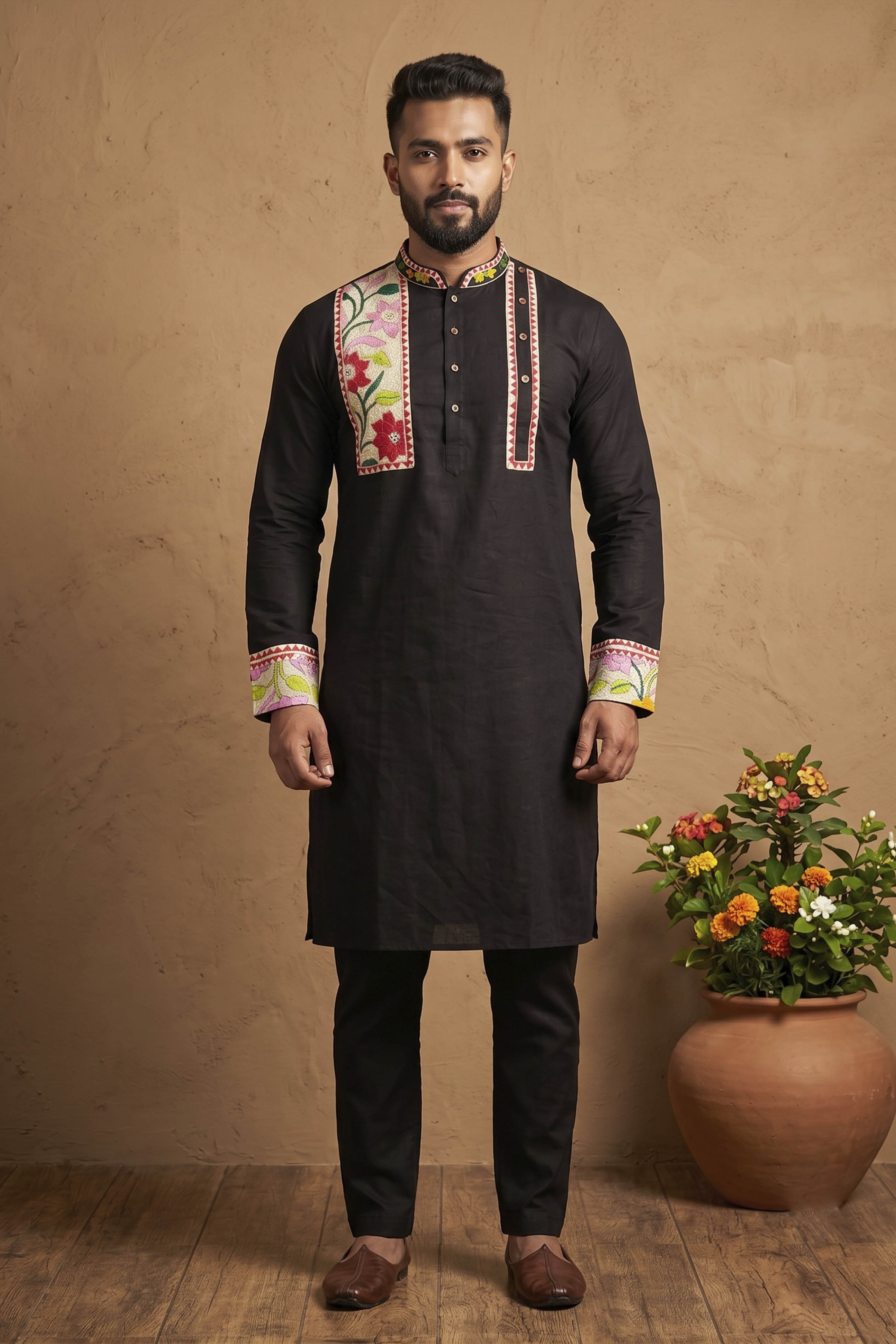 Black Color Cotton and Multicolor Kantha Patch Work Panjabi