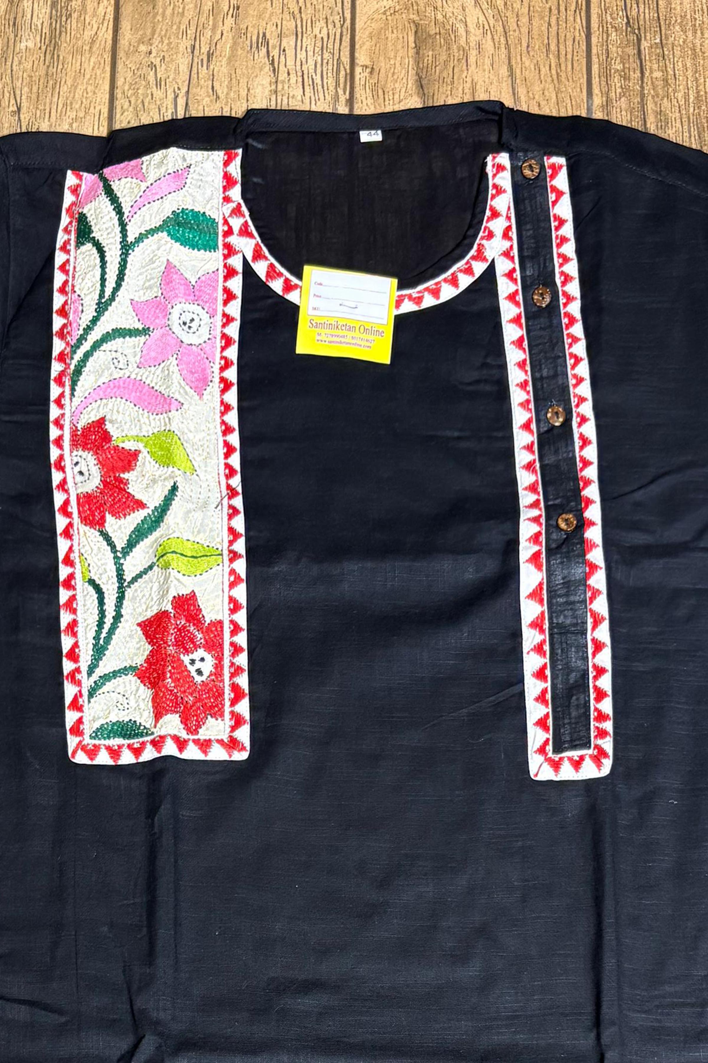 Black Color Cotton and Multicolor Kantha Patch Work Panjabi
