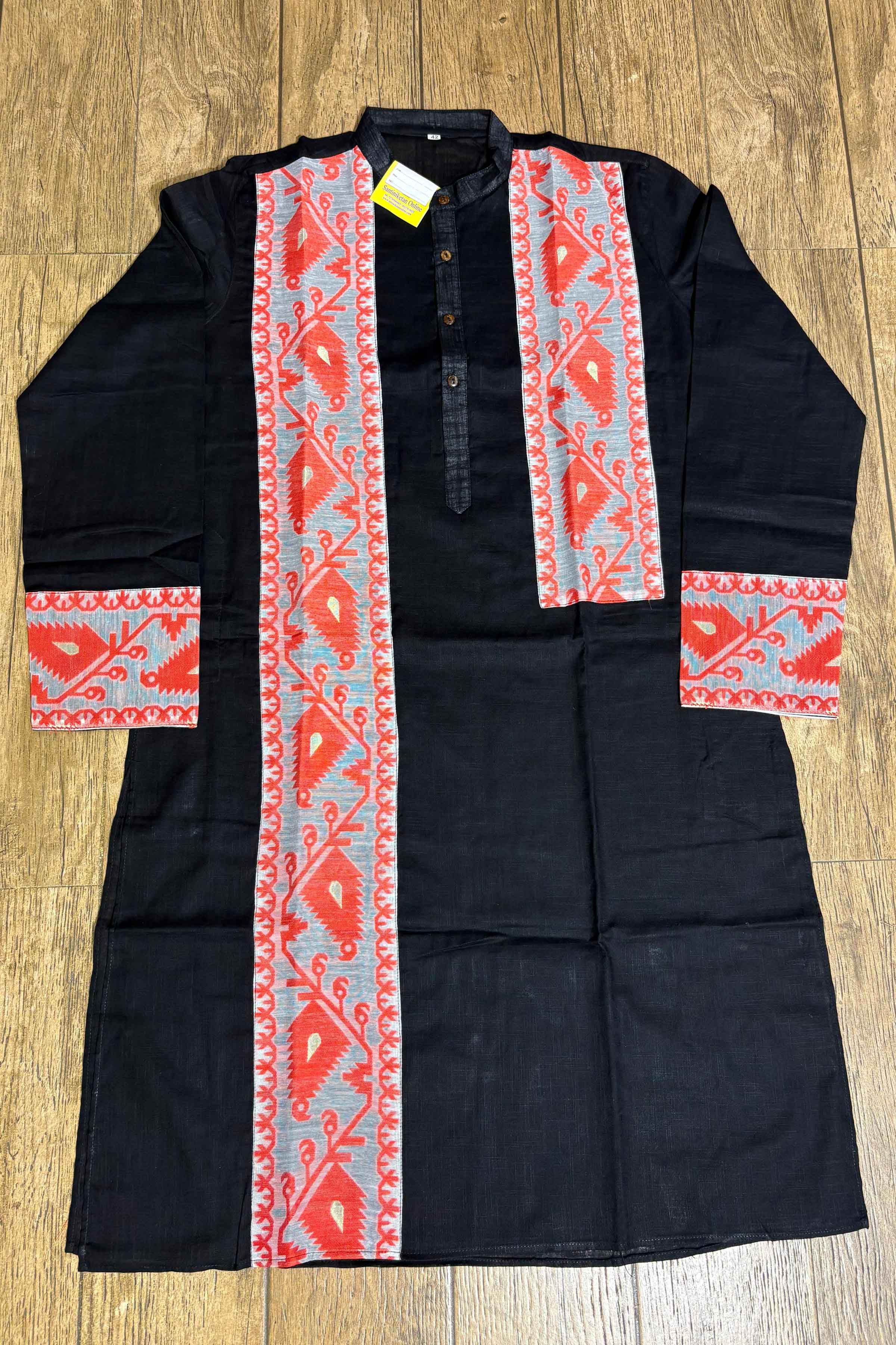 Black Color Cotton with Orange Jamdani Patch Work Panjabi