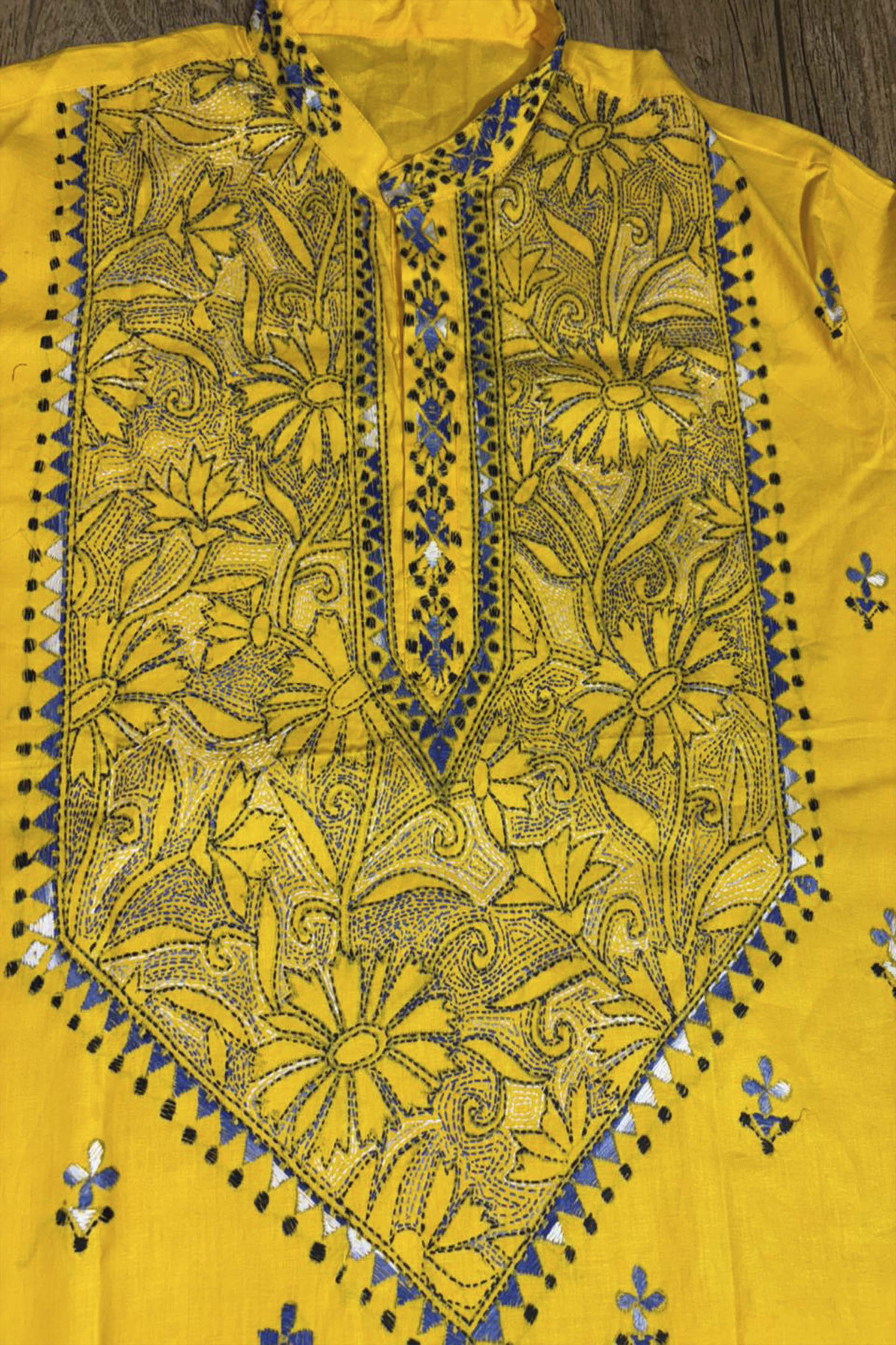 Yellow Pure Cotton with Kantha Work (Hand Embroidery) Panjabi