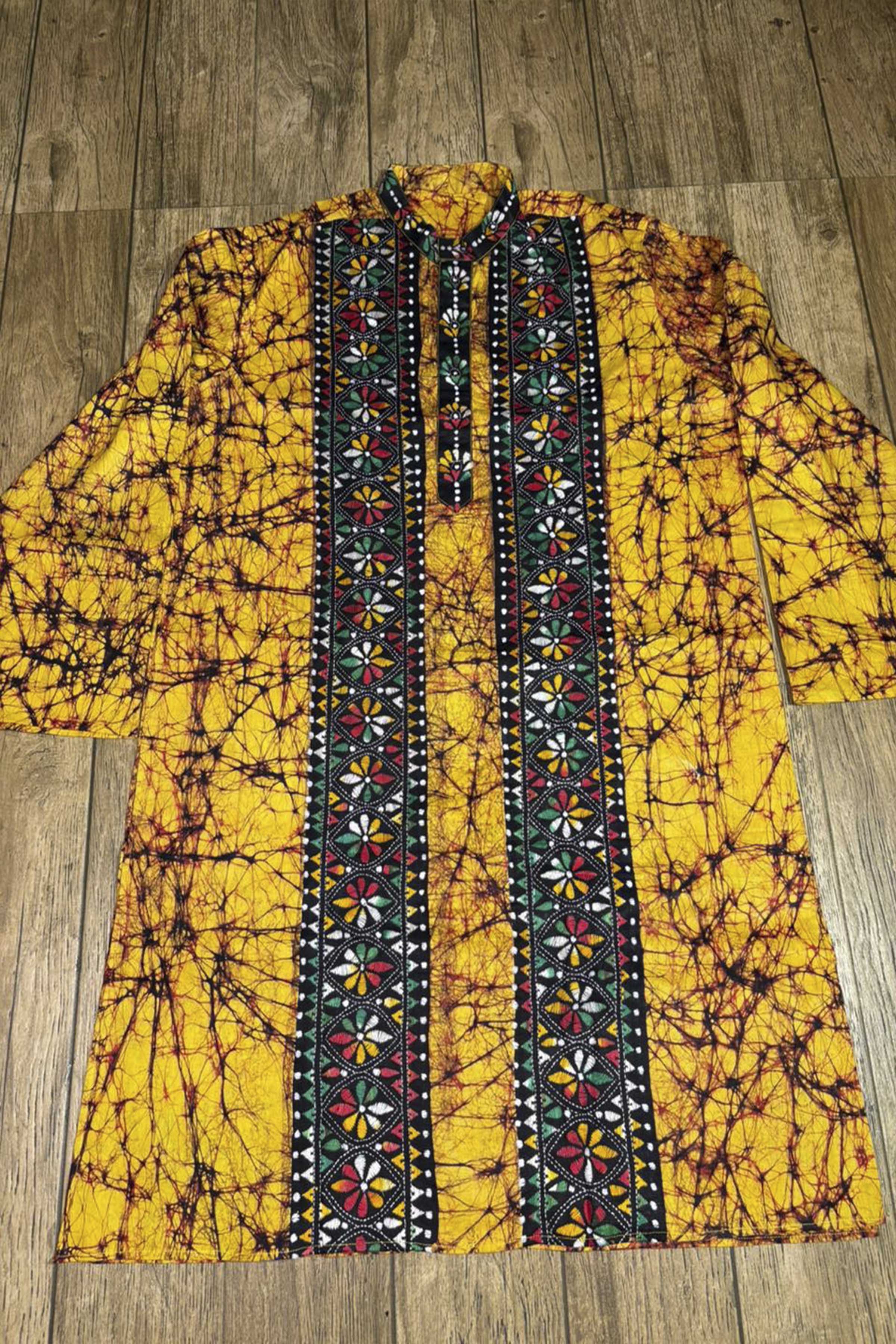 Yellow Pure Cotton Batik with Kantha Work (Hand Embroidery) Panjabi