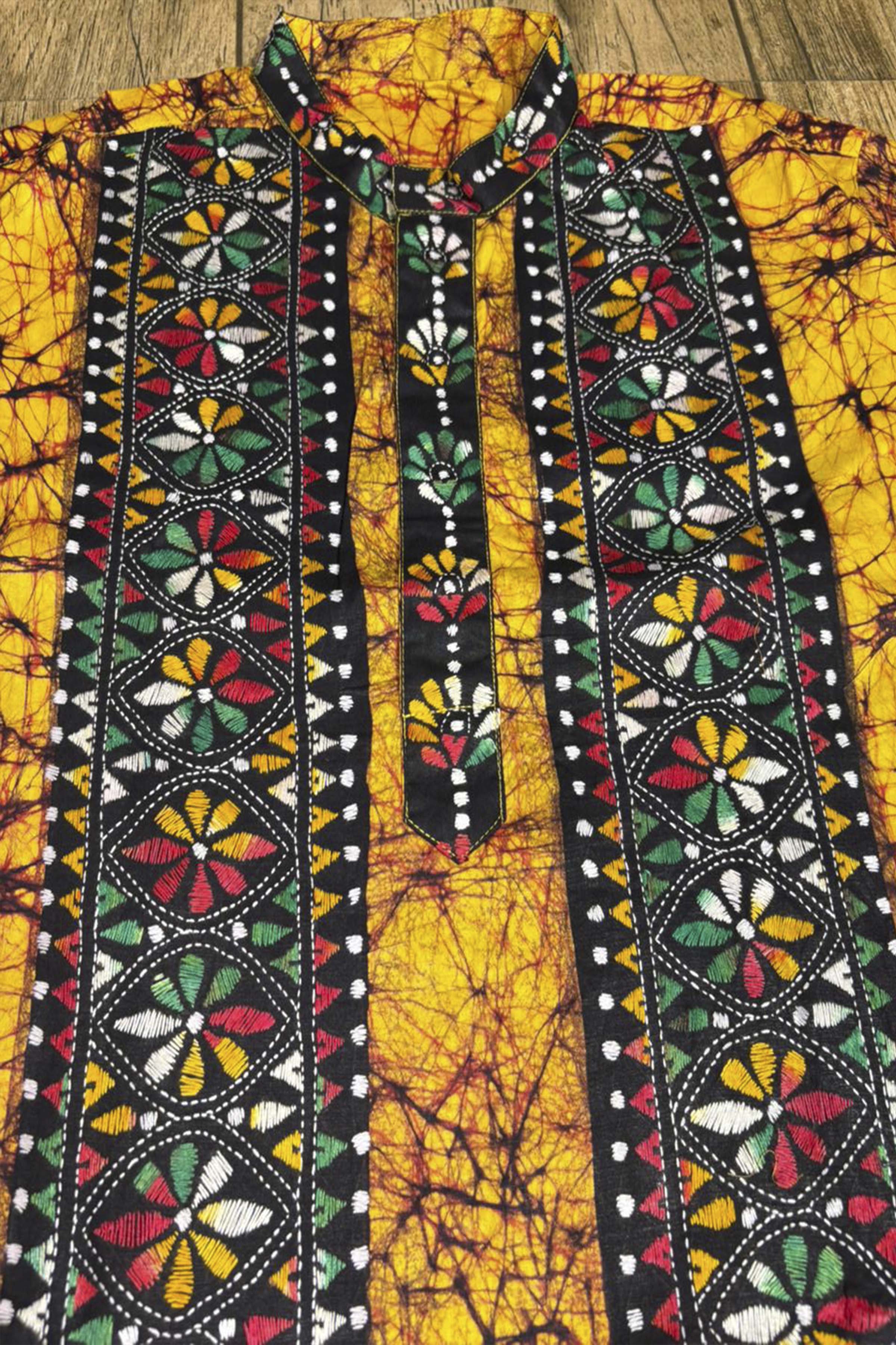 Yellow Pure Cotton Batik with Kantha Work (Hand Embroidery) Panjabi