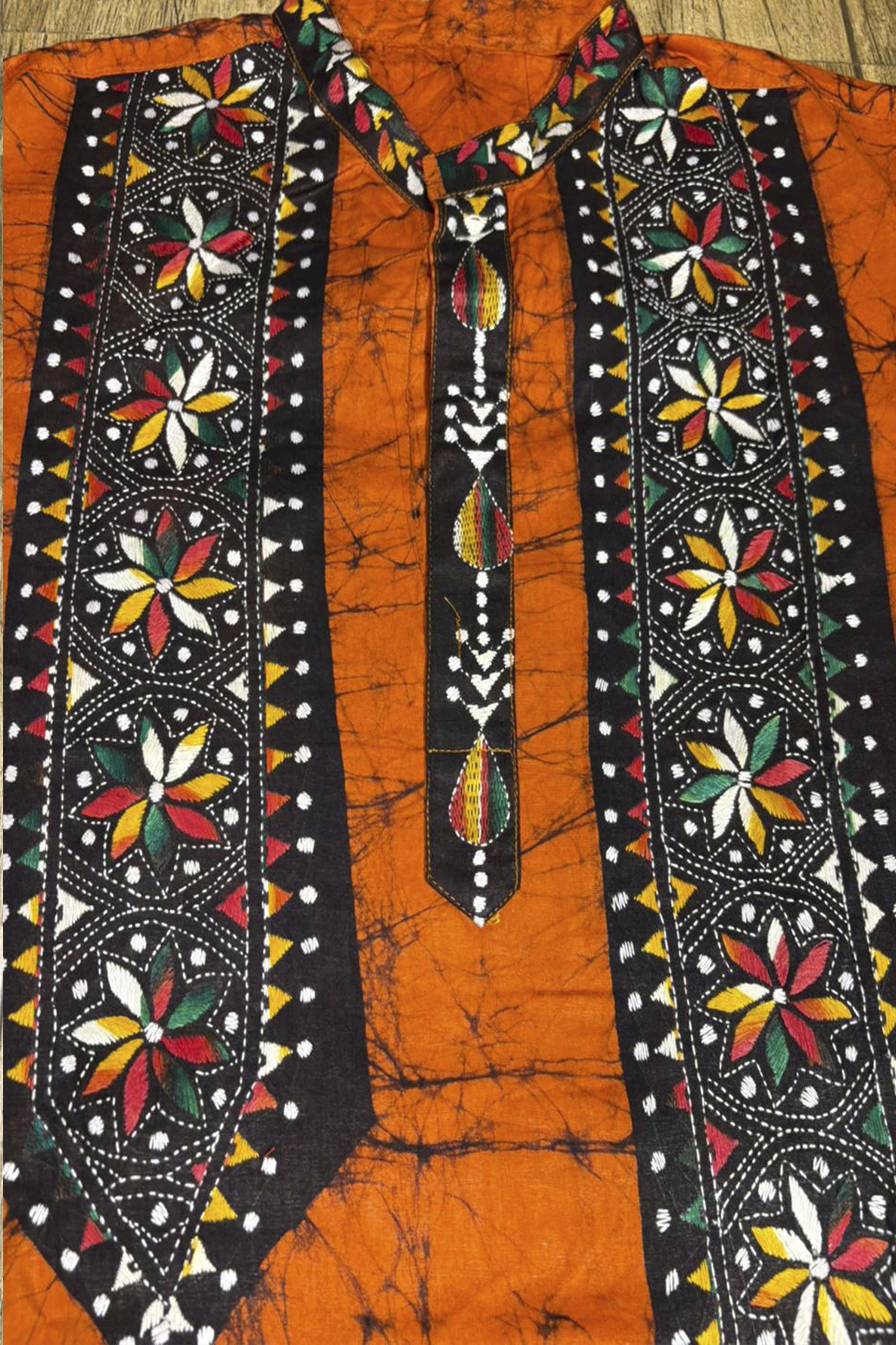 Orange Pure Cotton Batik with Kantha Work (Hand Embroidery) Panjabi