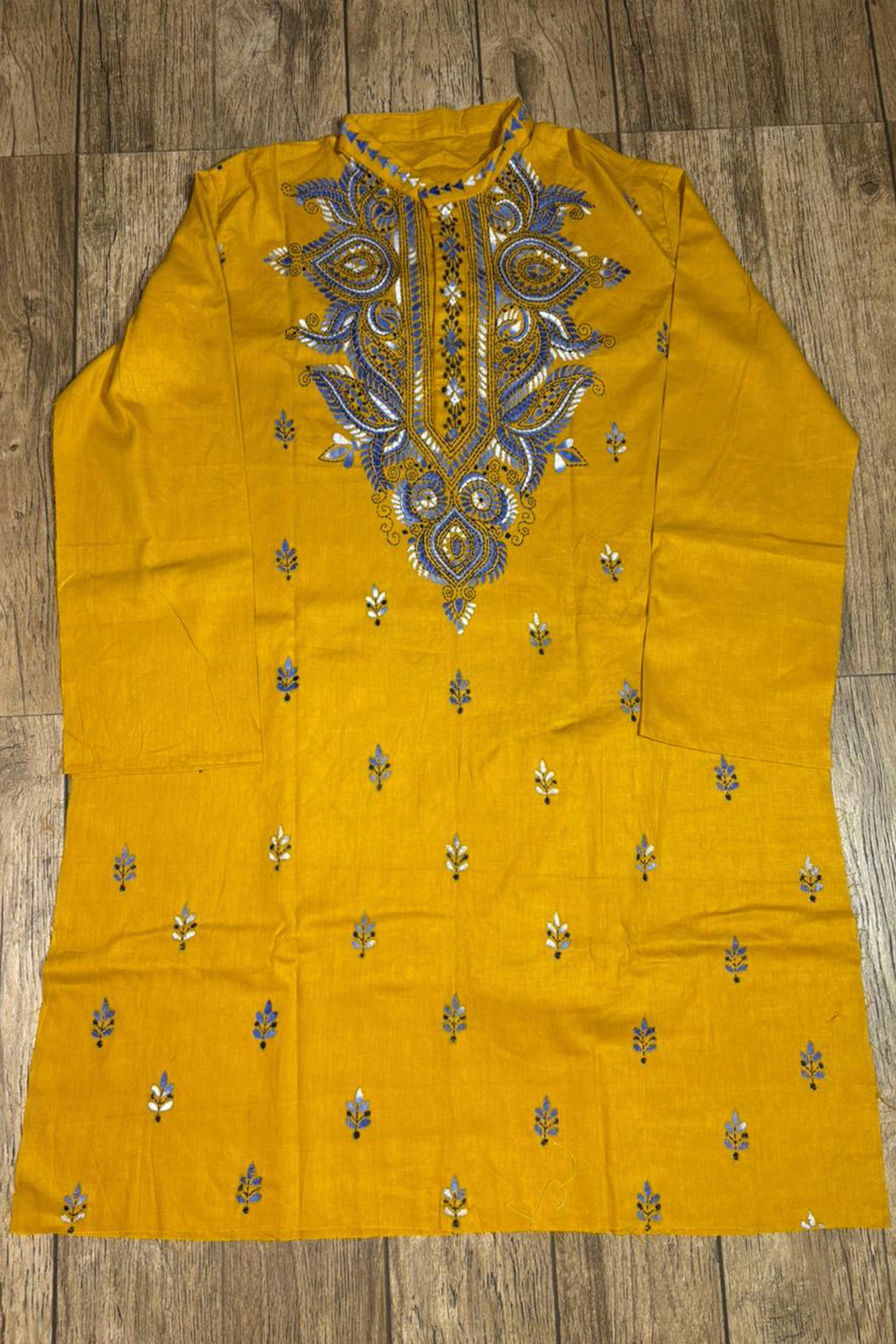 Yellow Pure Cotton with Kantha Work (Hand Embroidery) Panjabi