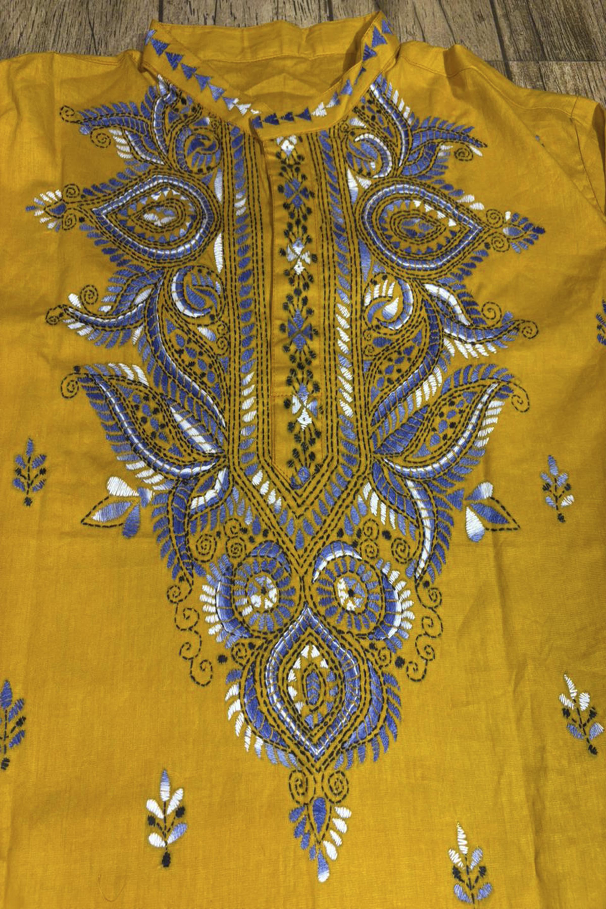 Yellow Pure Cotton with Kantha Work (Hand Embroidery) Panjabi