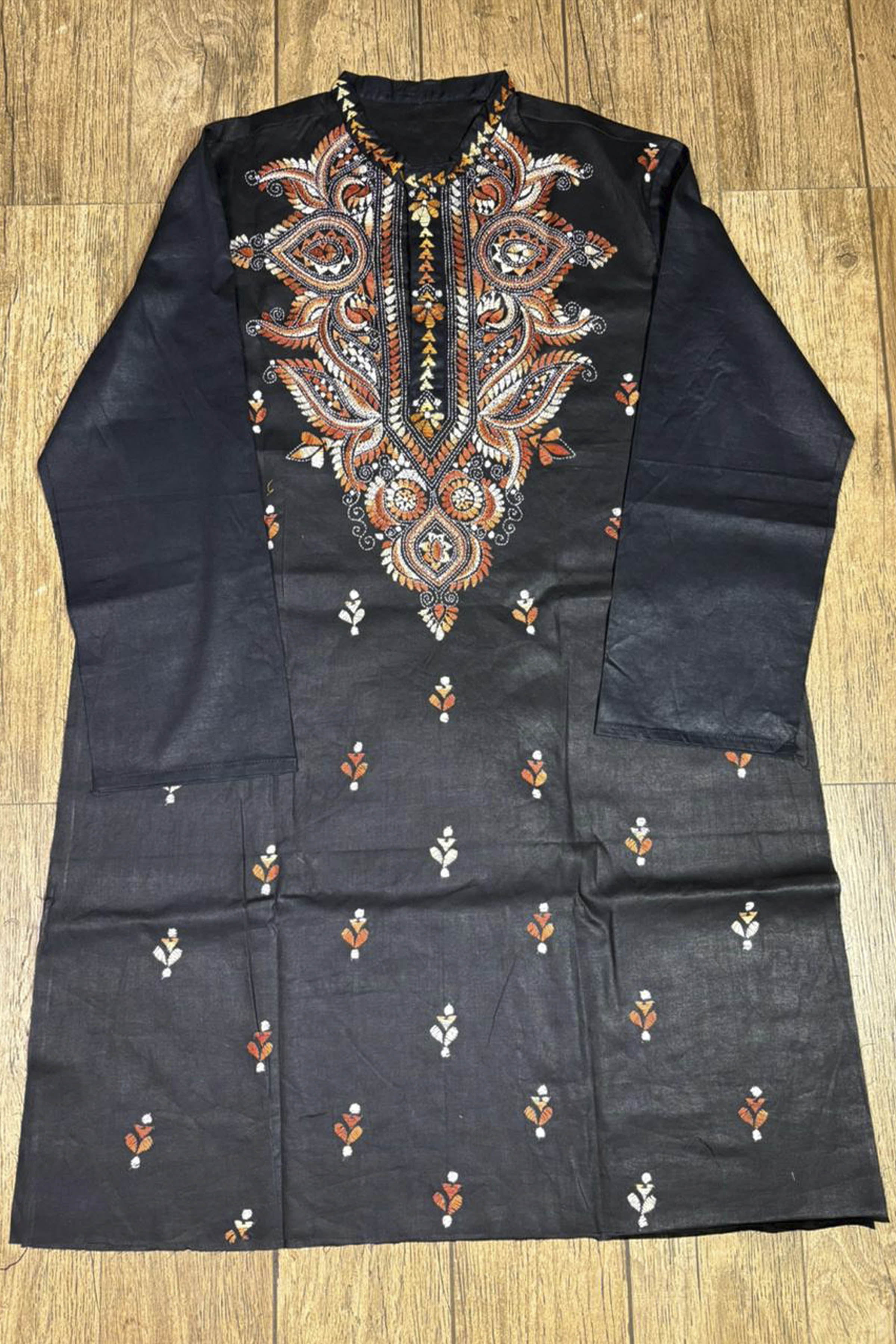 Black Pure Cotton with Kantha Work (Hand Embroidery) Panjabi