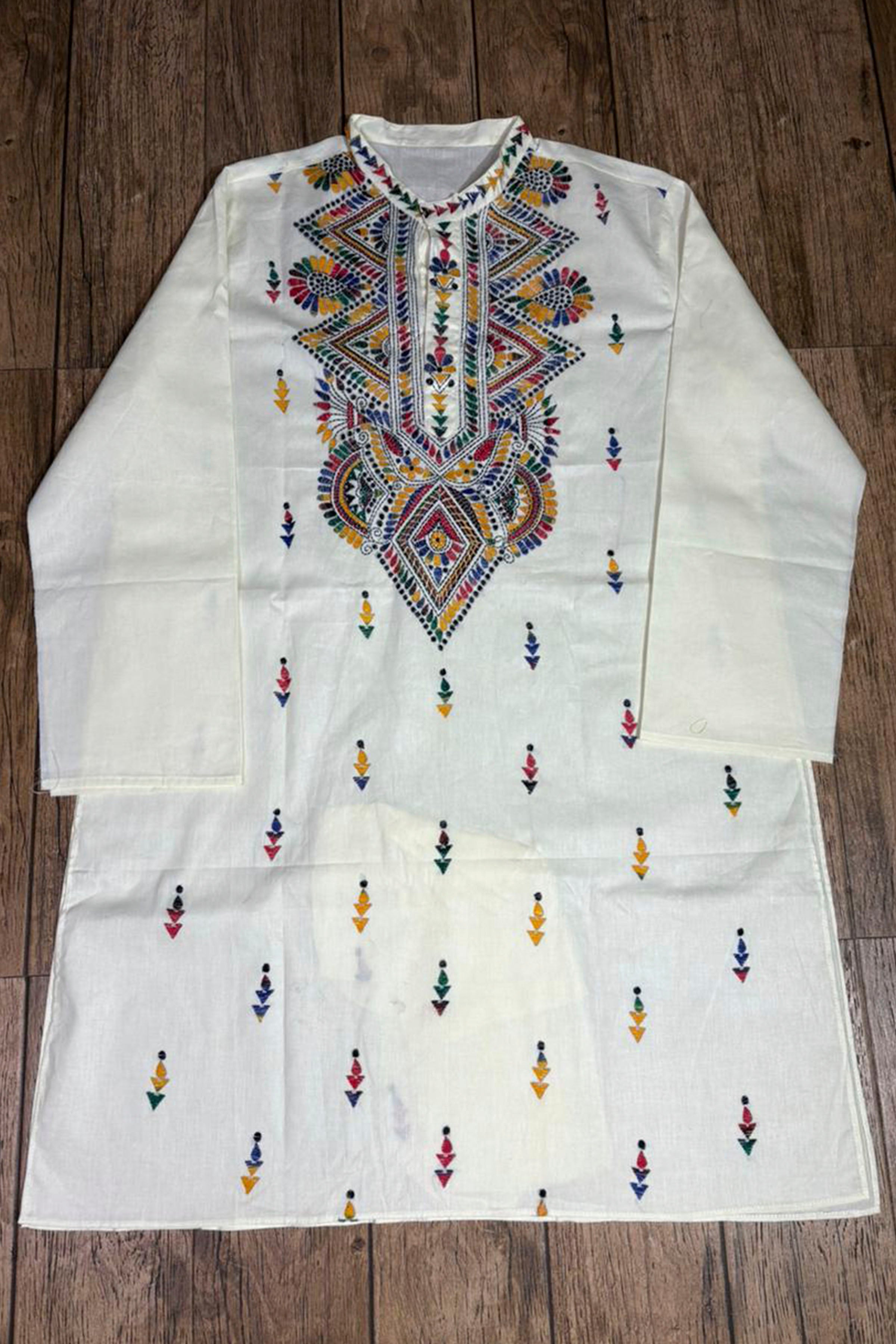 White Pure Cotton with Kantha Work (Hand Embroidery) Panjabi