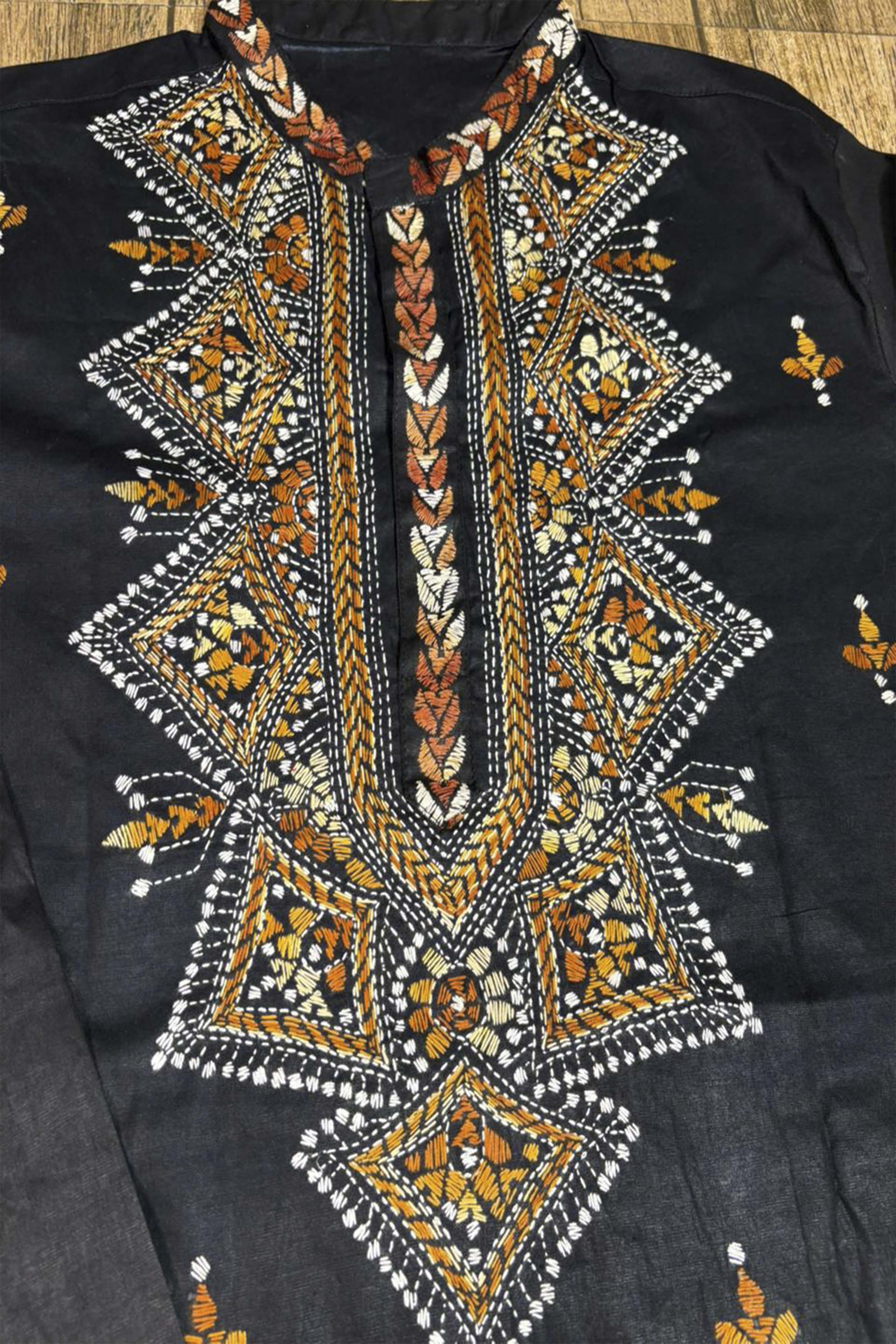 Black Pure Cotton with Kantha Work (Hand Embroidery) Panjabi