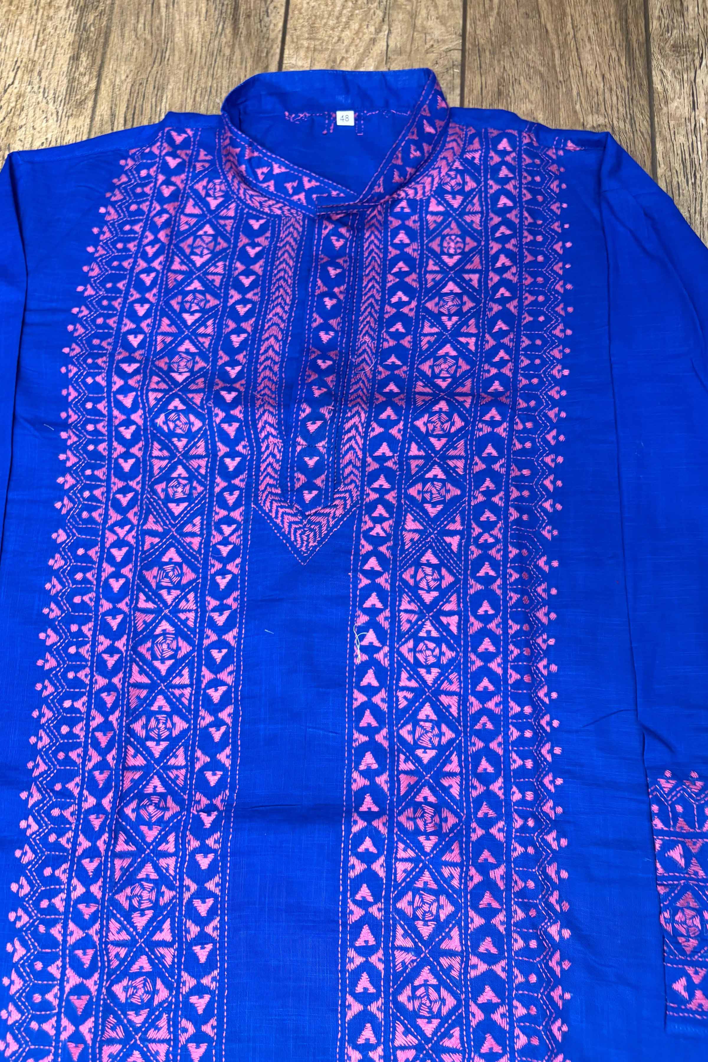 Blue Pure Cotton with Kantha Work (Hand Embroidery) Panjabi