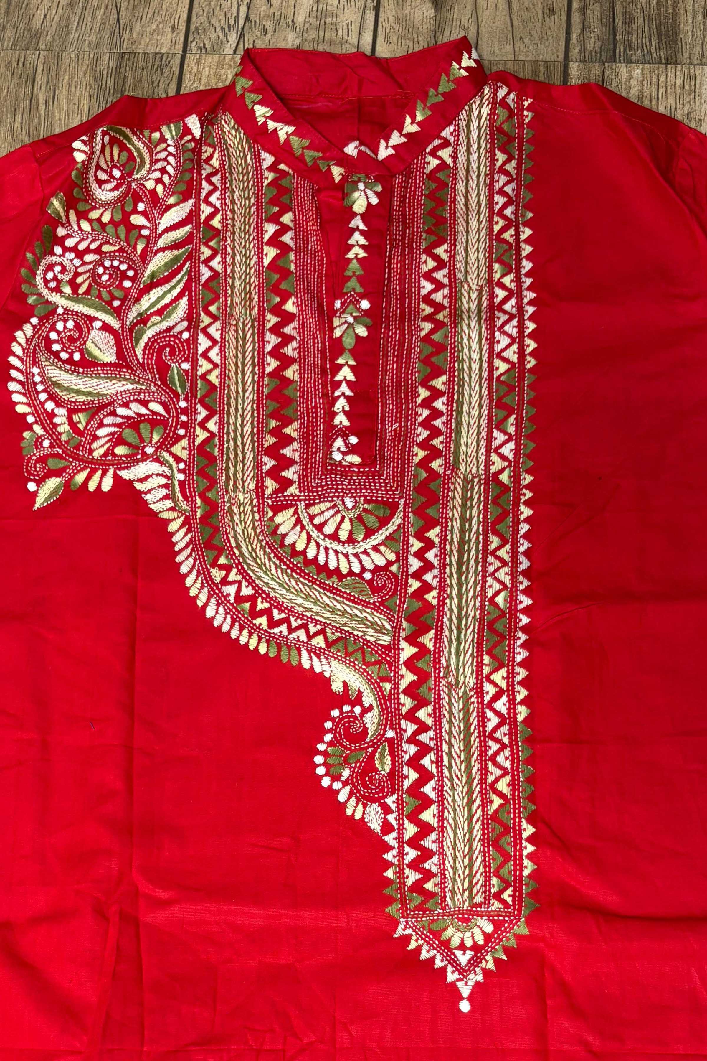 Red Pure Cotton with Kantha Work (Hand Embroidery) Panjabi