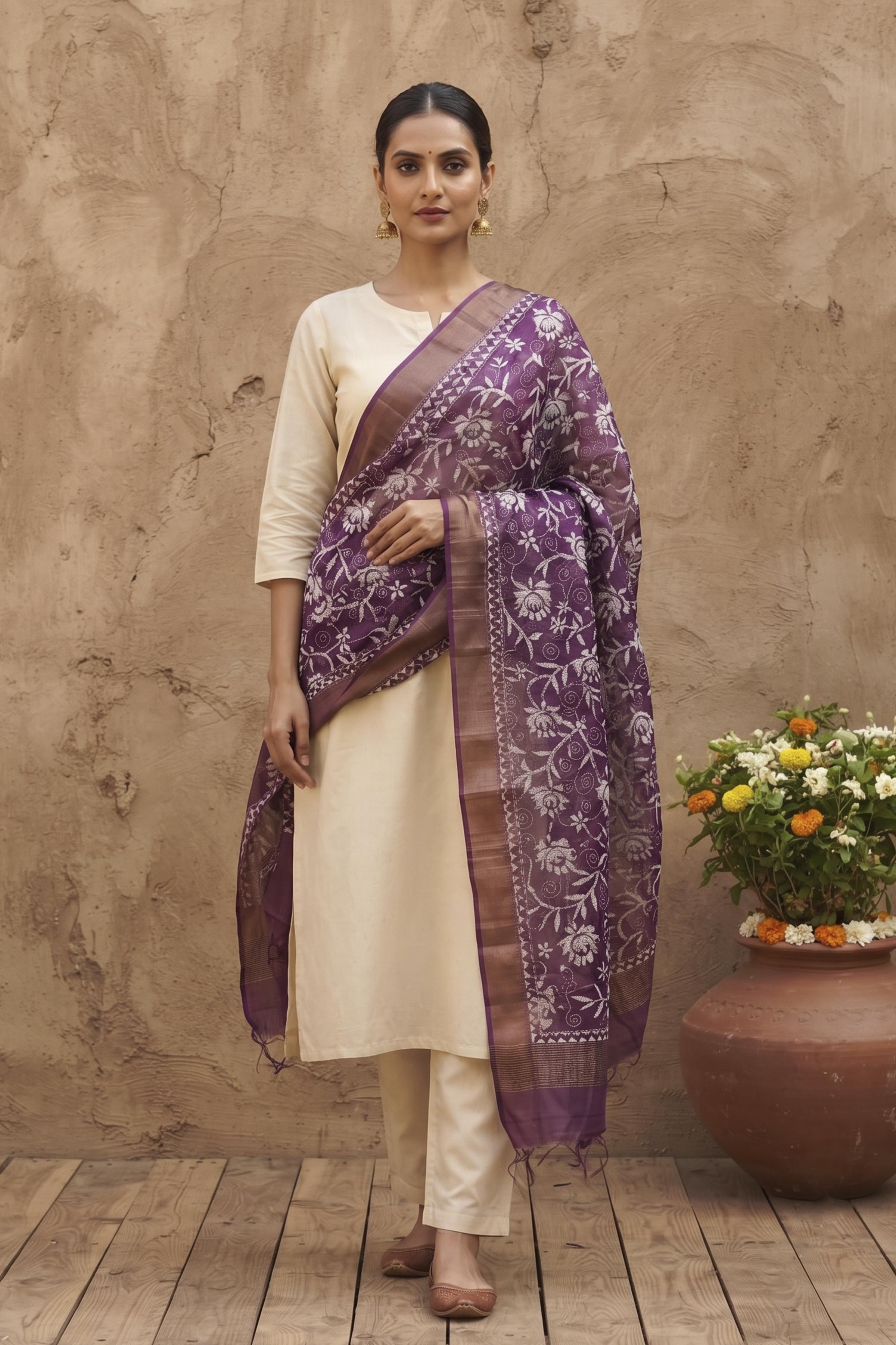 Zari Border Pure Tussar Kantha Stitch Dupatta SN26KD19