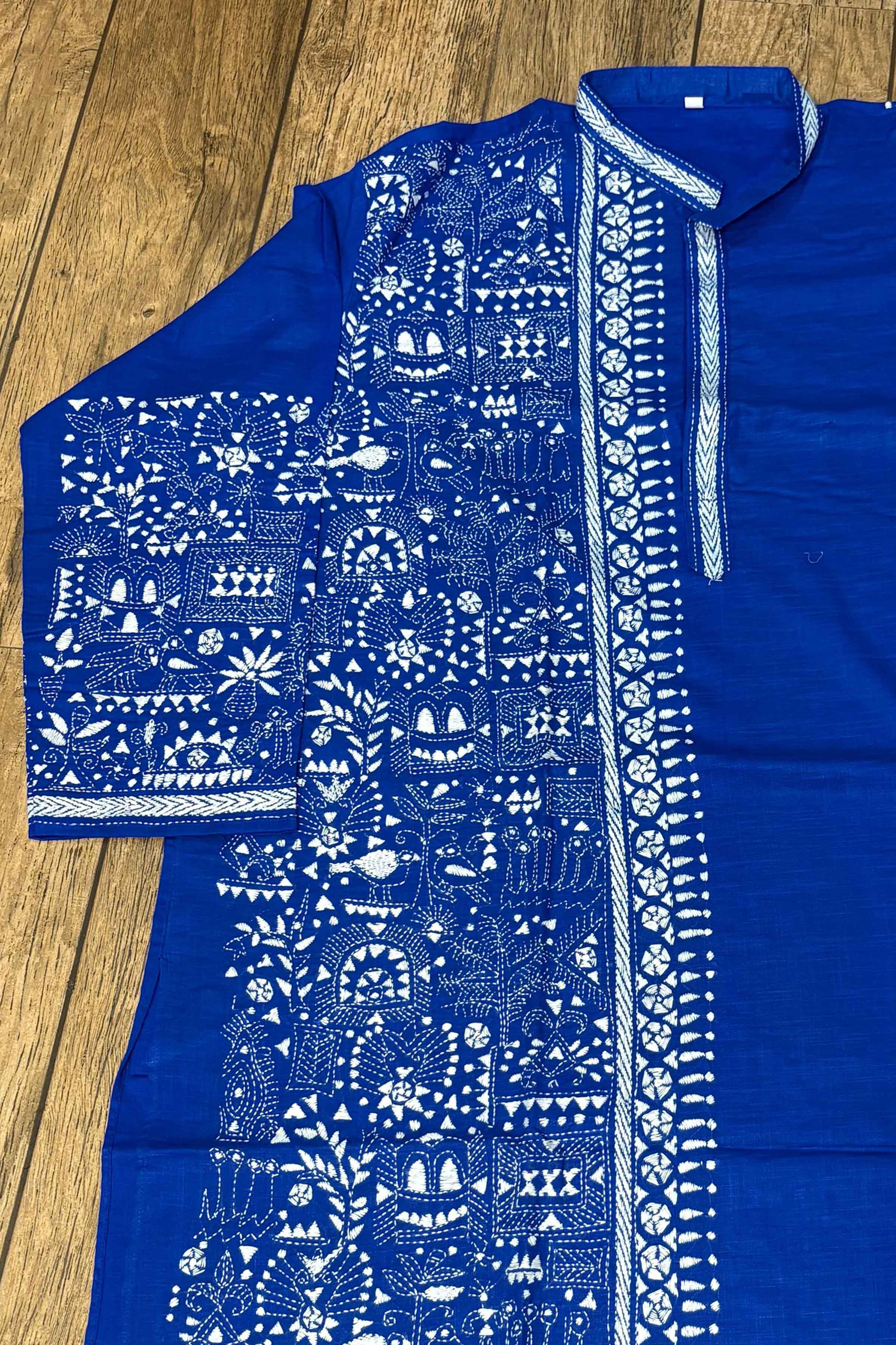 Blue Pure Cotton with Kantha Work (Hand Embroidery) Panjabi