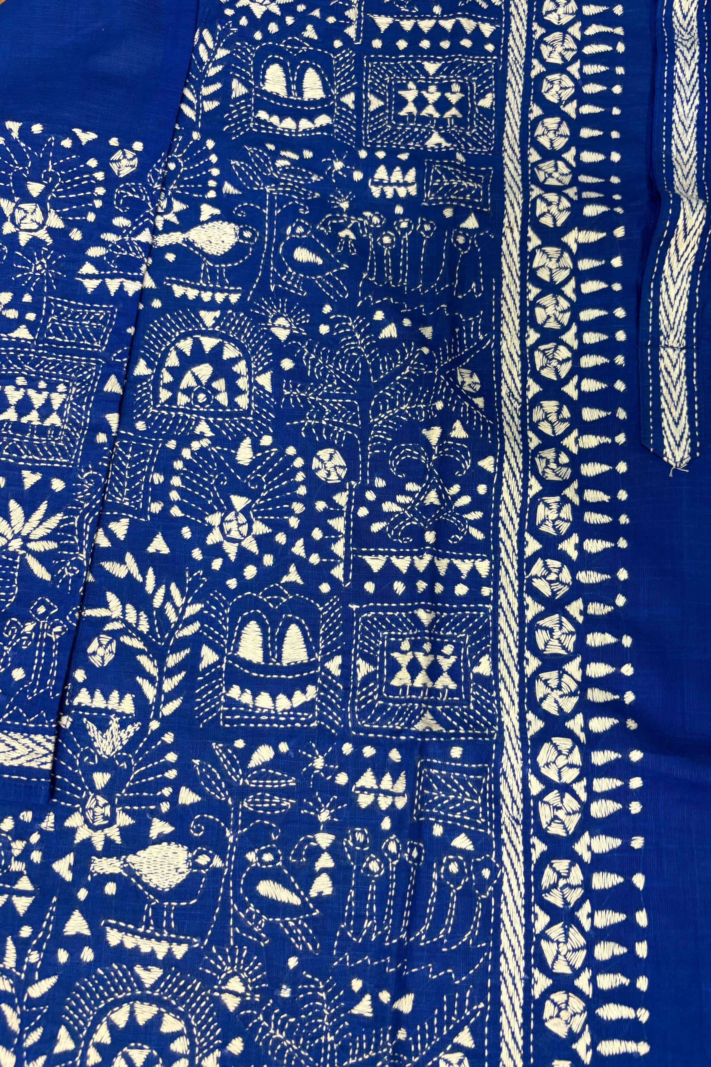 Blue Pure Cotton with Kantha Work (Hand Embroidery) Panjabi