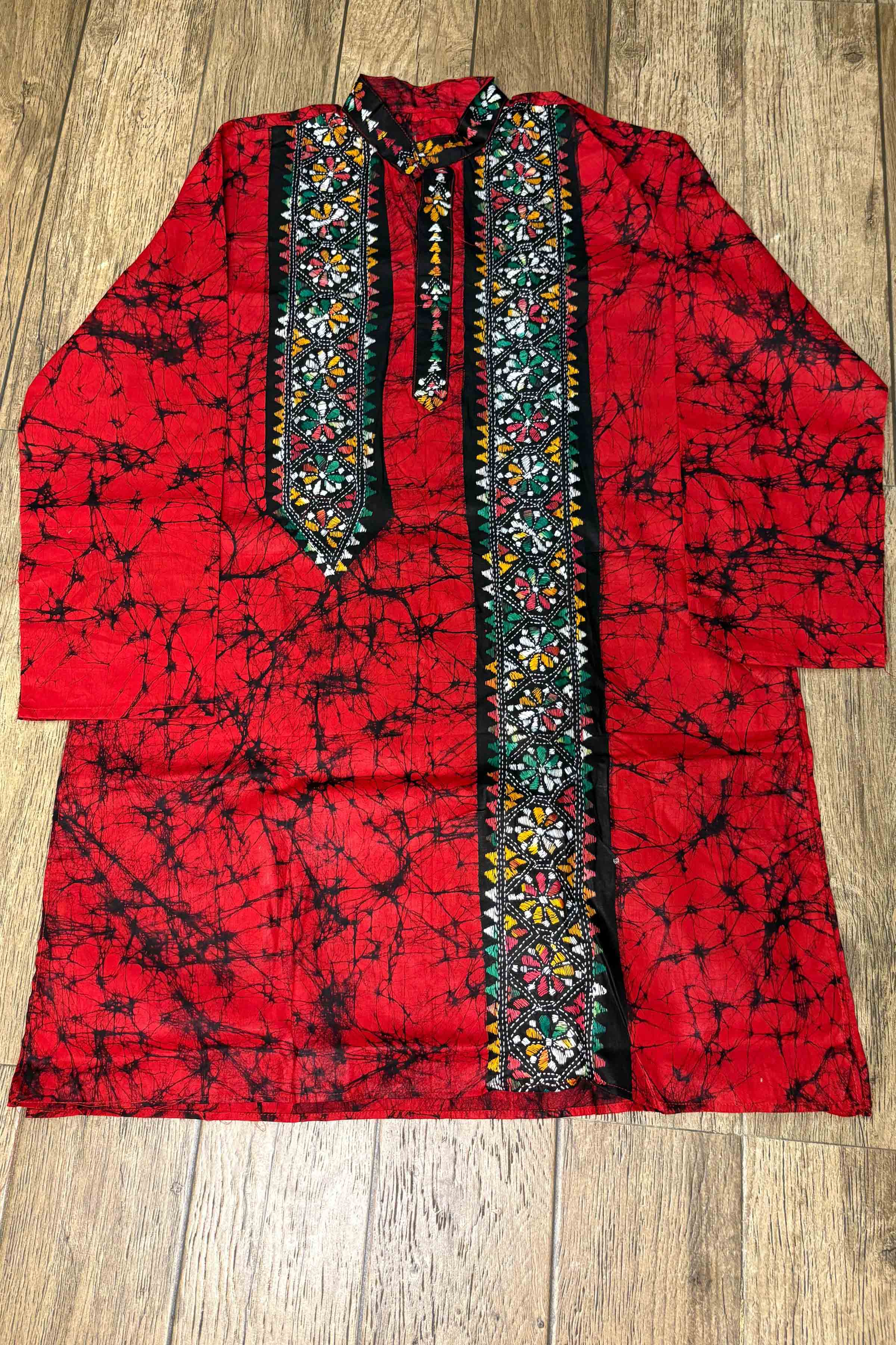 Red Pure Cotton Batik with Kantha Work (Hand Embroidery) Panjabi