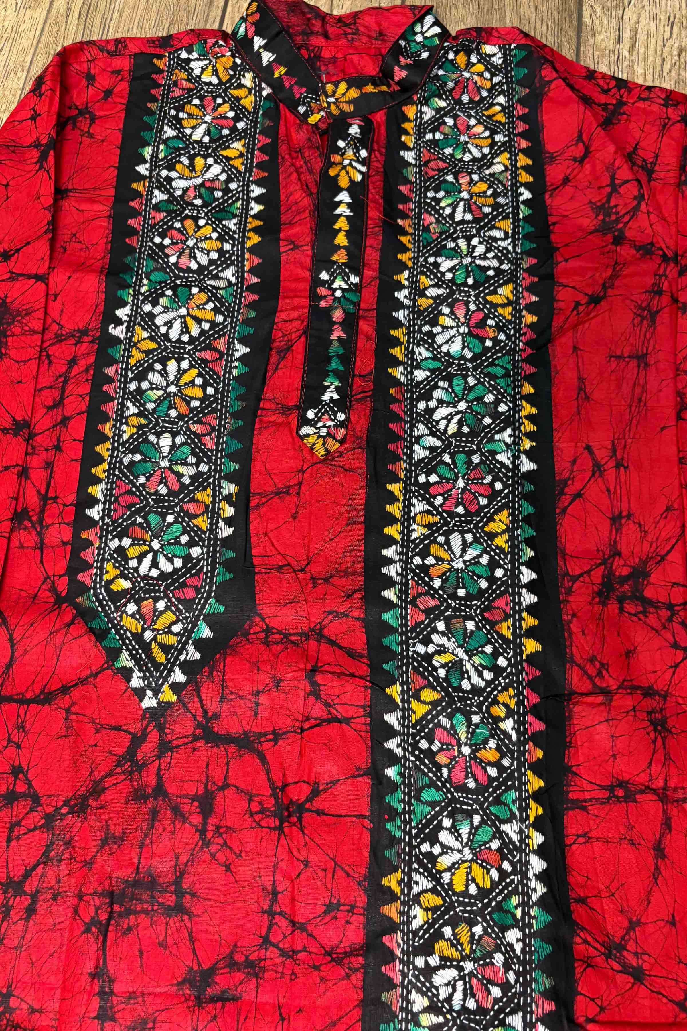 Red Pure Cotton Batik with Kantha Work (Hand Embroidery) Panjabi