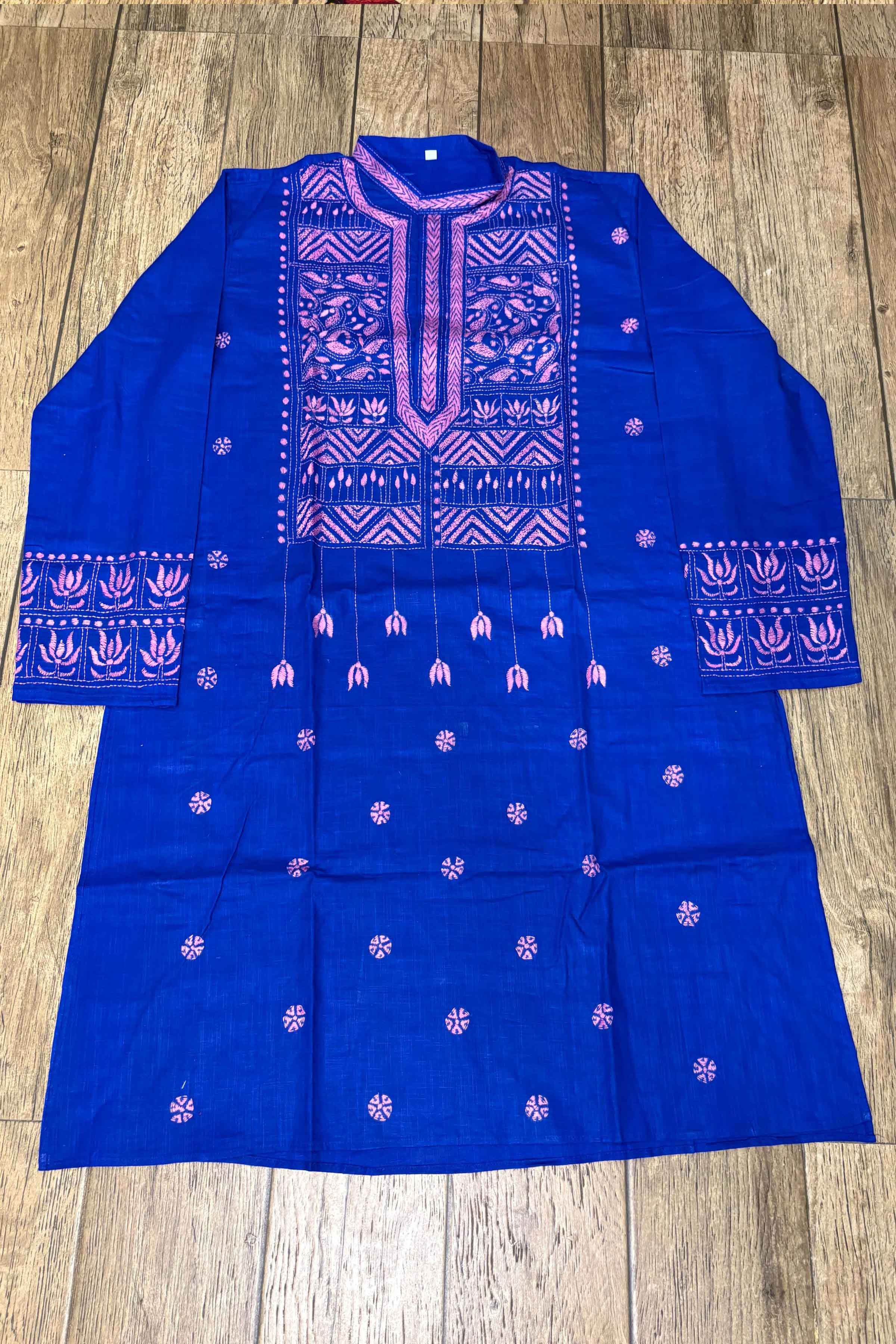 Blue Pure Cotton with Kantha Work (Hand Embroidery) Panjabi