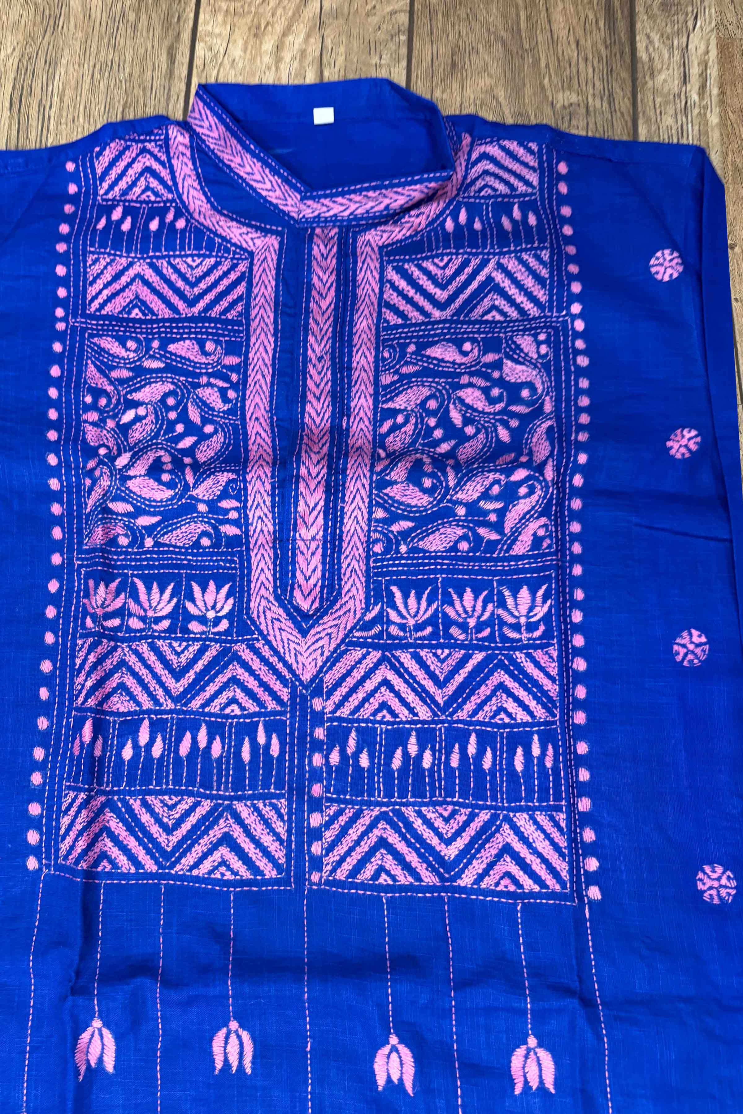 Blue Pure Cotton with Kantha Work (Hand Embroidery) Panjabi