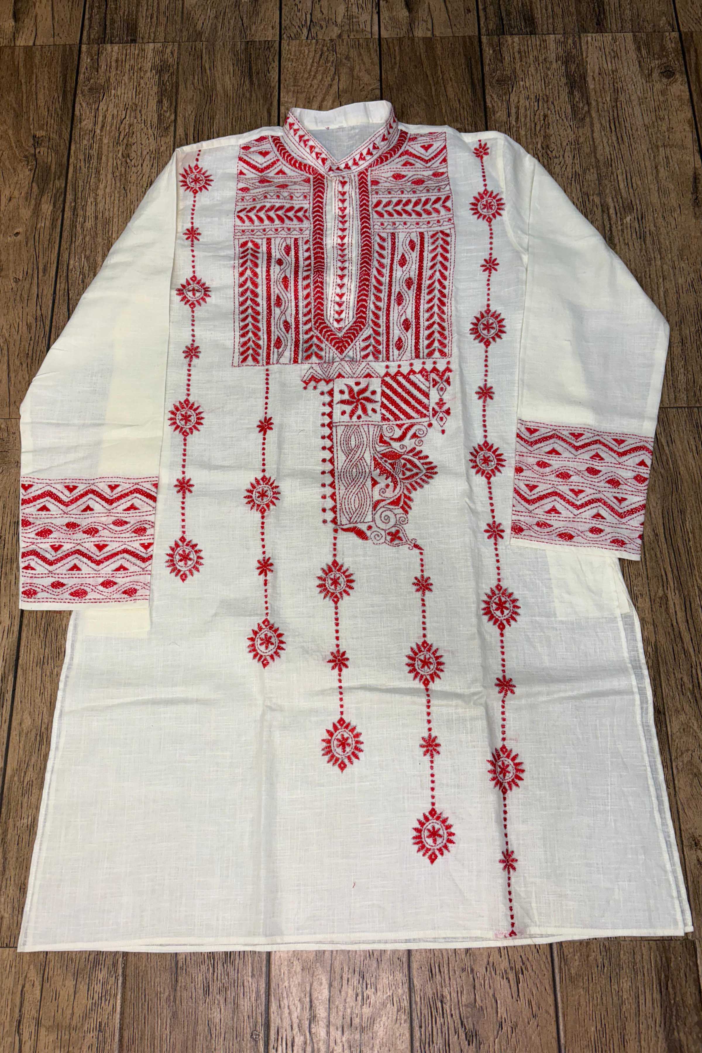 White Pure Cotton with Kantha Work (Hand Embroidery) Panjabi