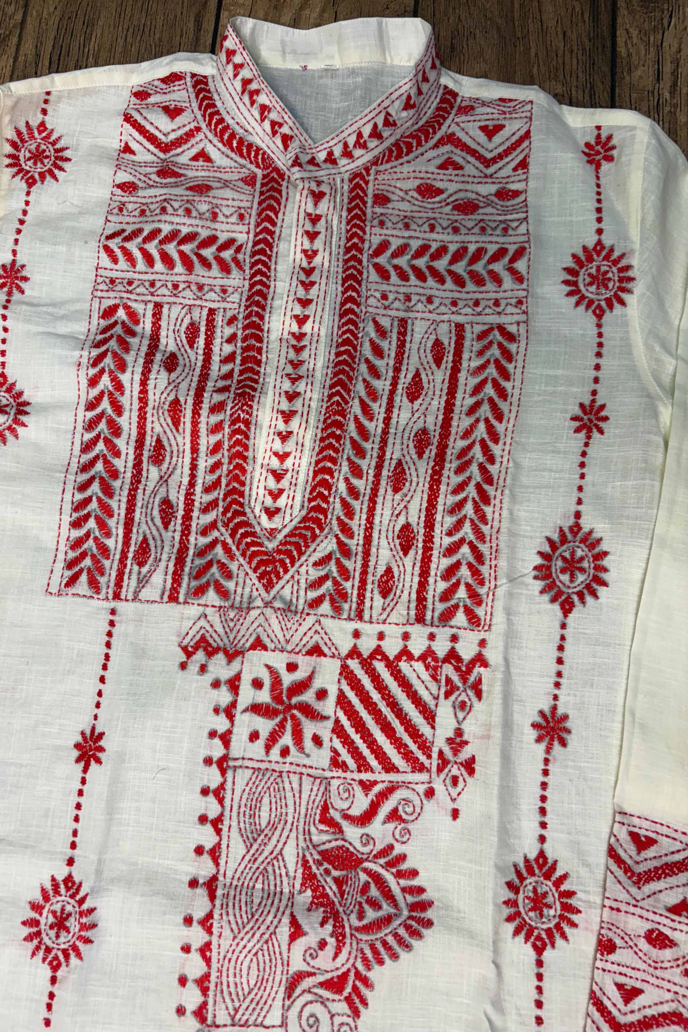White Pure Cotton with Kantha Work (Hand Embroidery) Panjabi