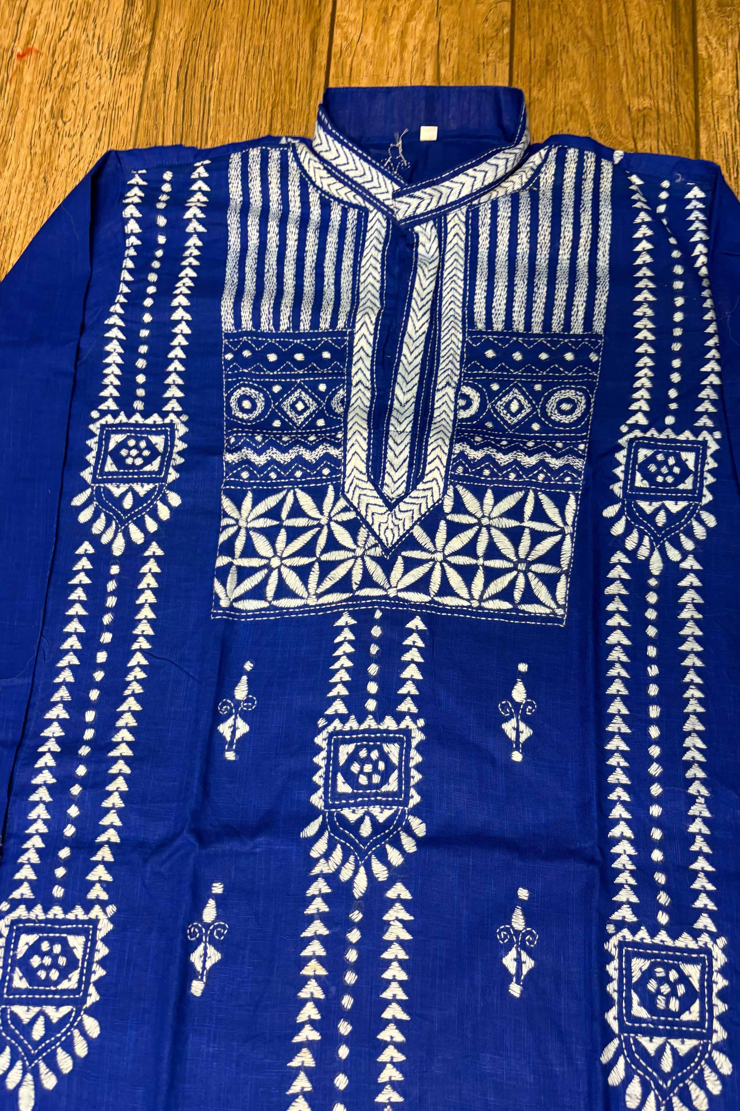 Blue Pure Cotton with Kantha Work (Hand Embroidery) Panjabi