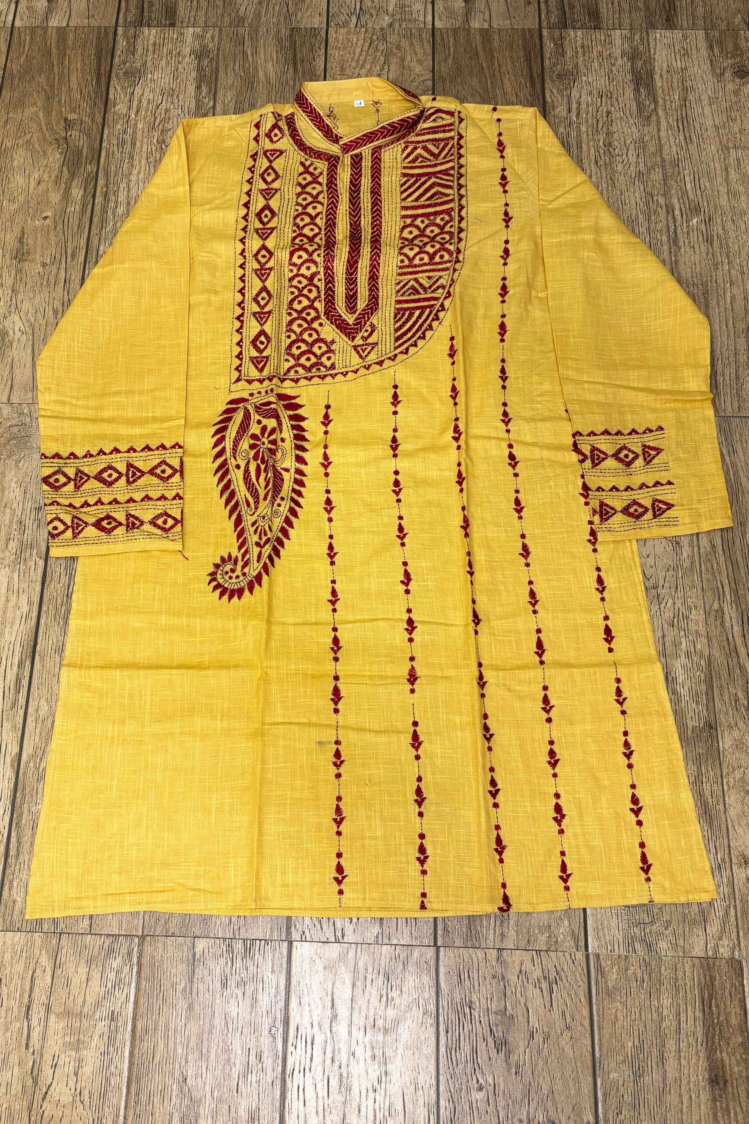 Yellow Pure Cotton with Kantha Work (Hand Embroidery) Panjabi