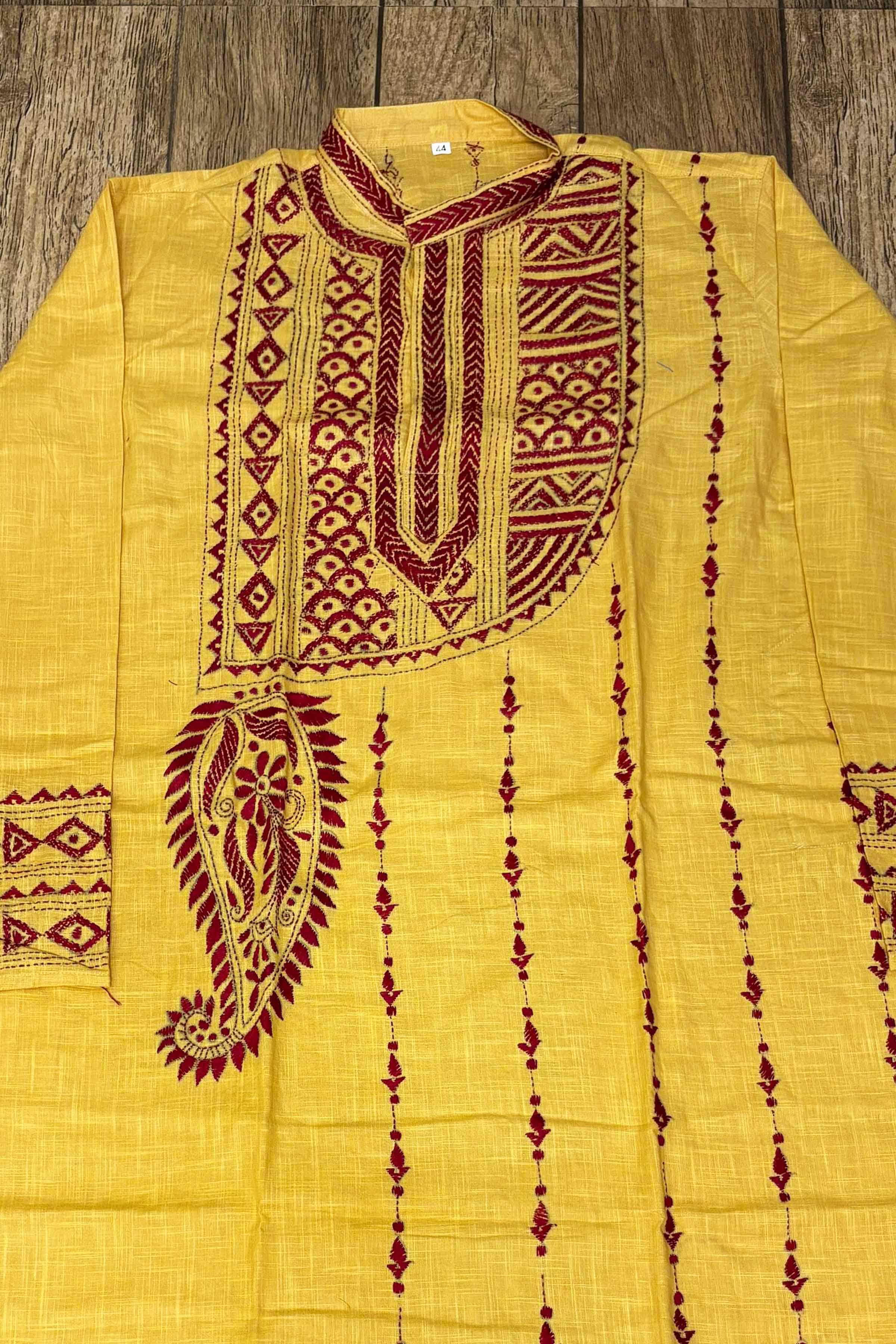 Yellow Pure Cotton with Kantha Work (Hand Embroidery) Panjabi