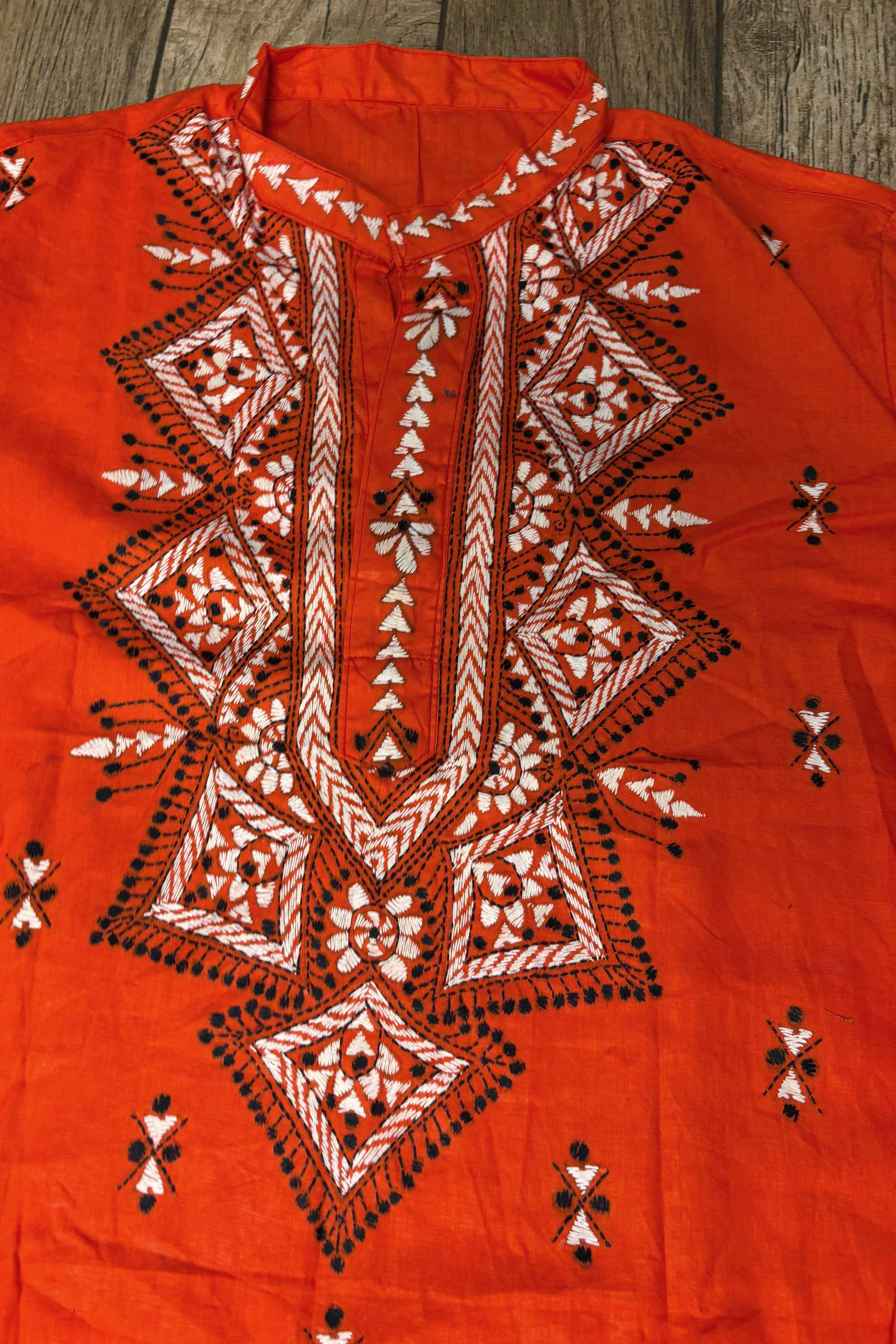 Red Pure Cotton with Kantha Work (Hand Embroidery) Panjabi