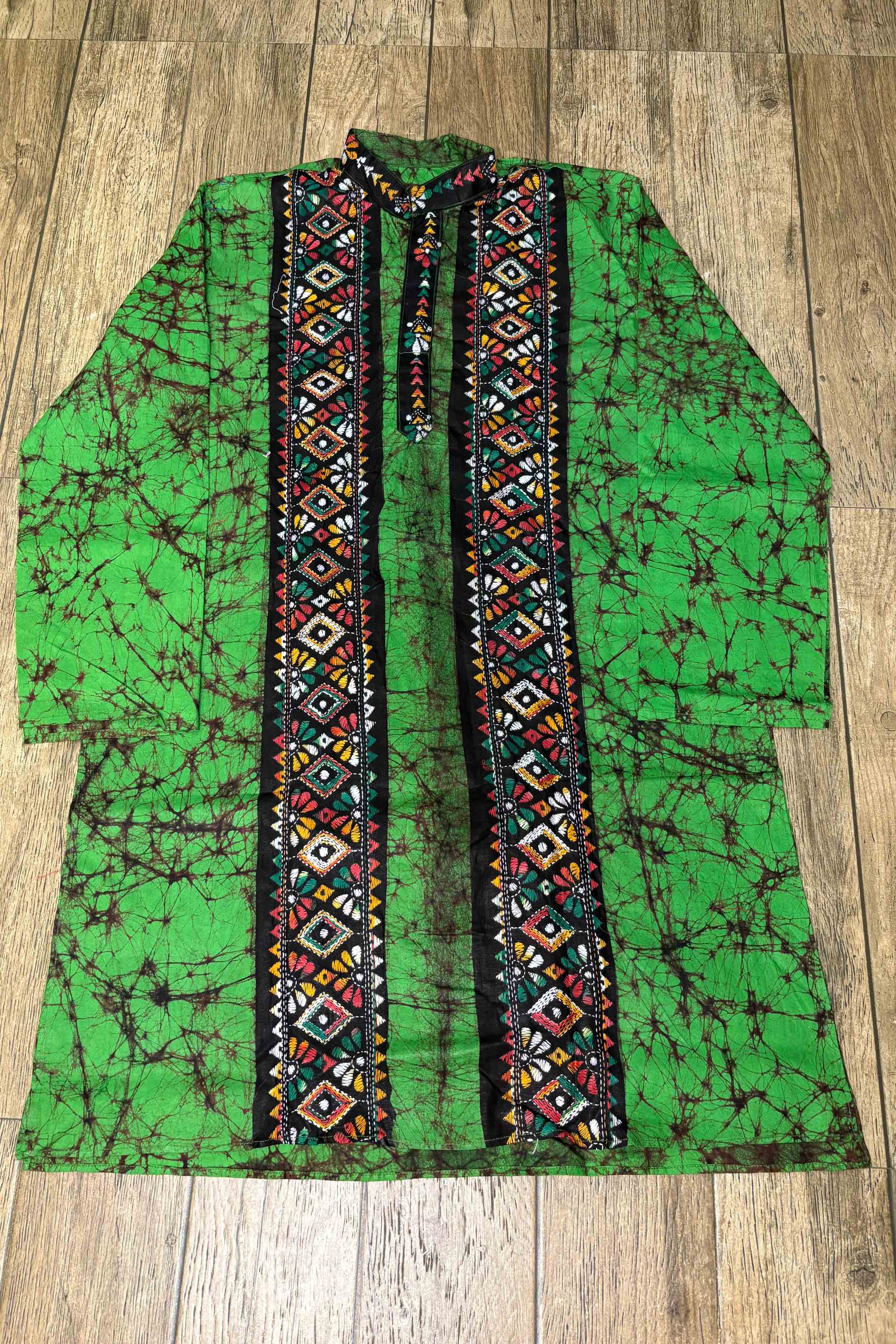 Black Pure Cotton Batik with Kantha Work (Hand Embroidery) Panjabi