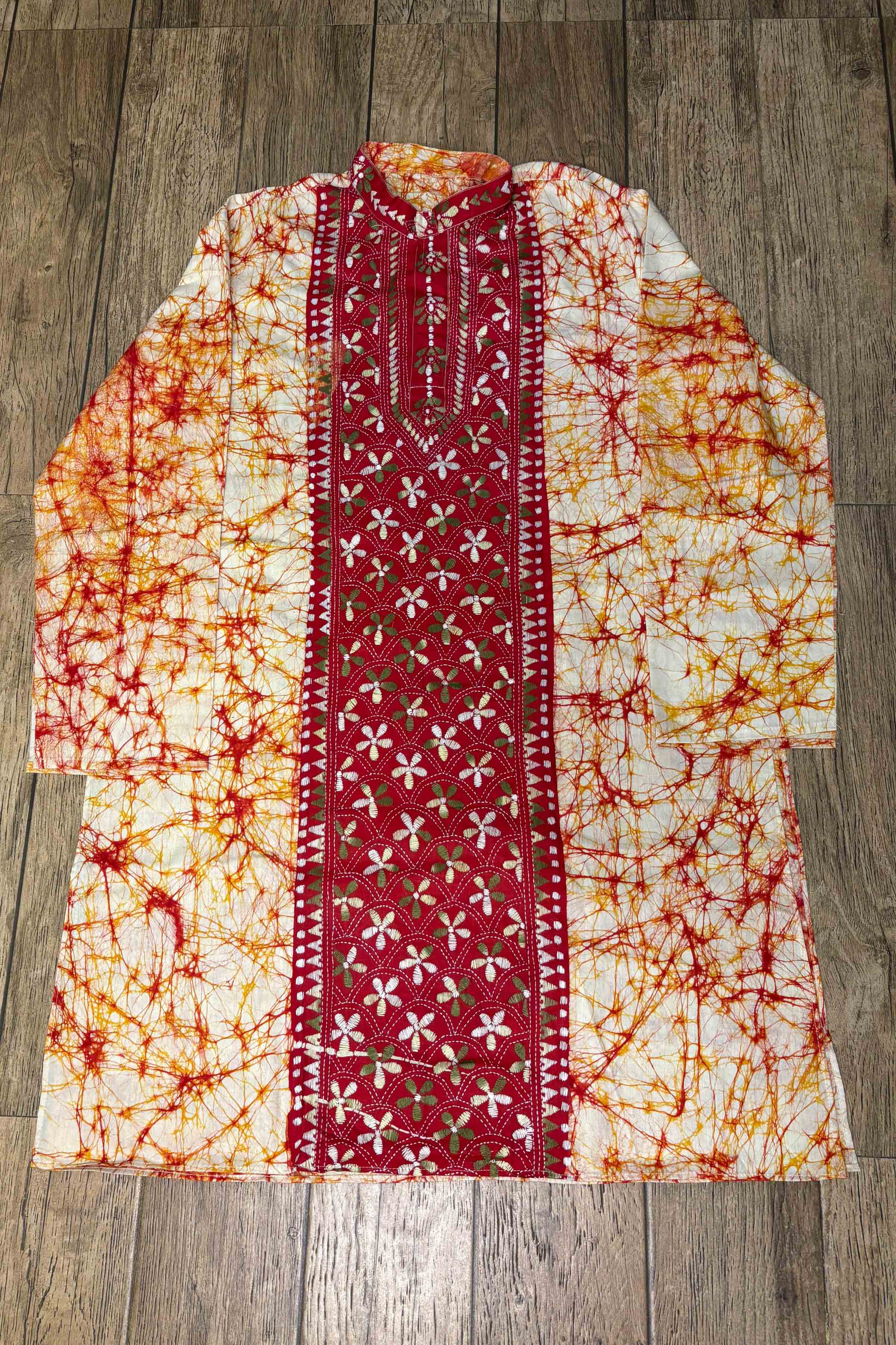 White-Orange Pure Cotton Batik with Kantha Work (Hand Embroidery) Panjabi
