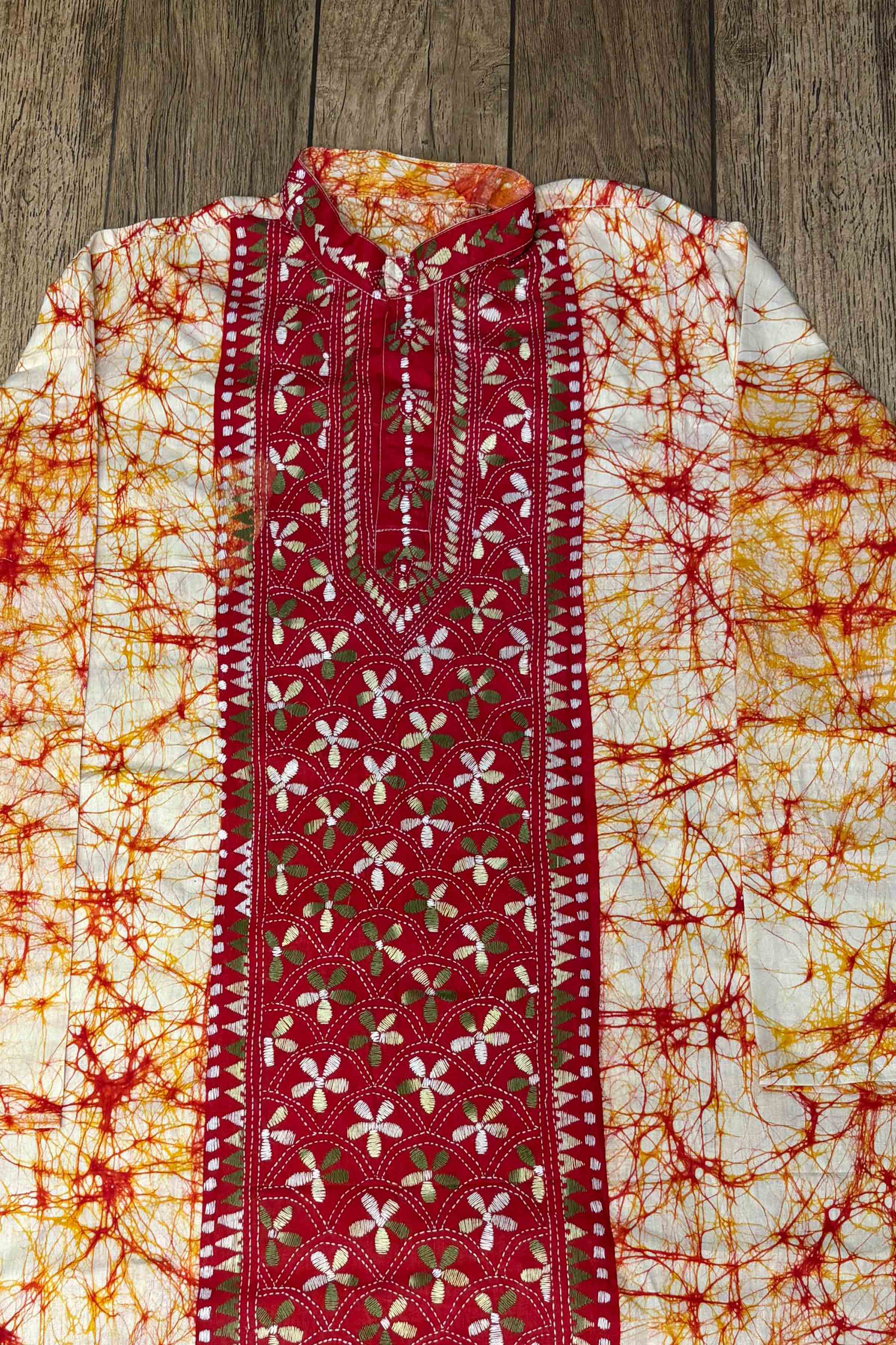 White-Orange Pure Cotton Batik with Kantha Work (Hand Embroidery) Panjabi