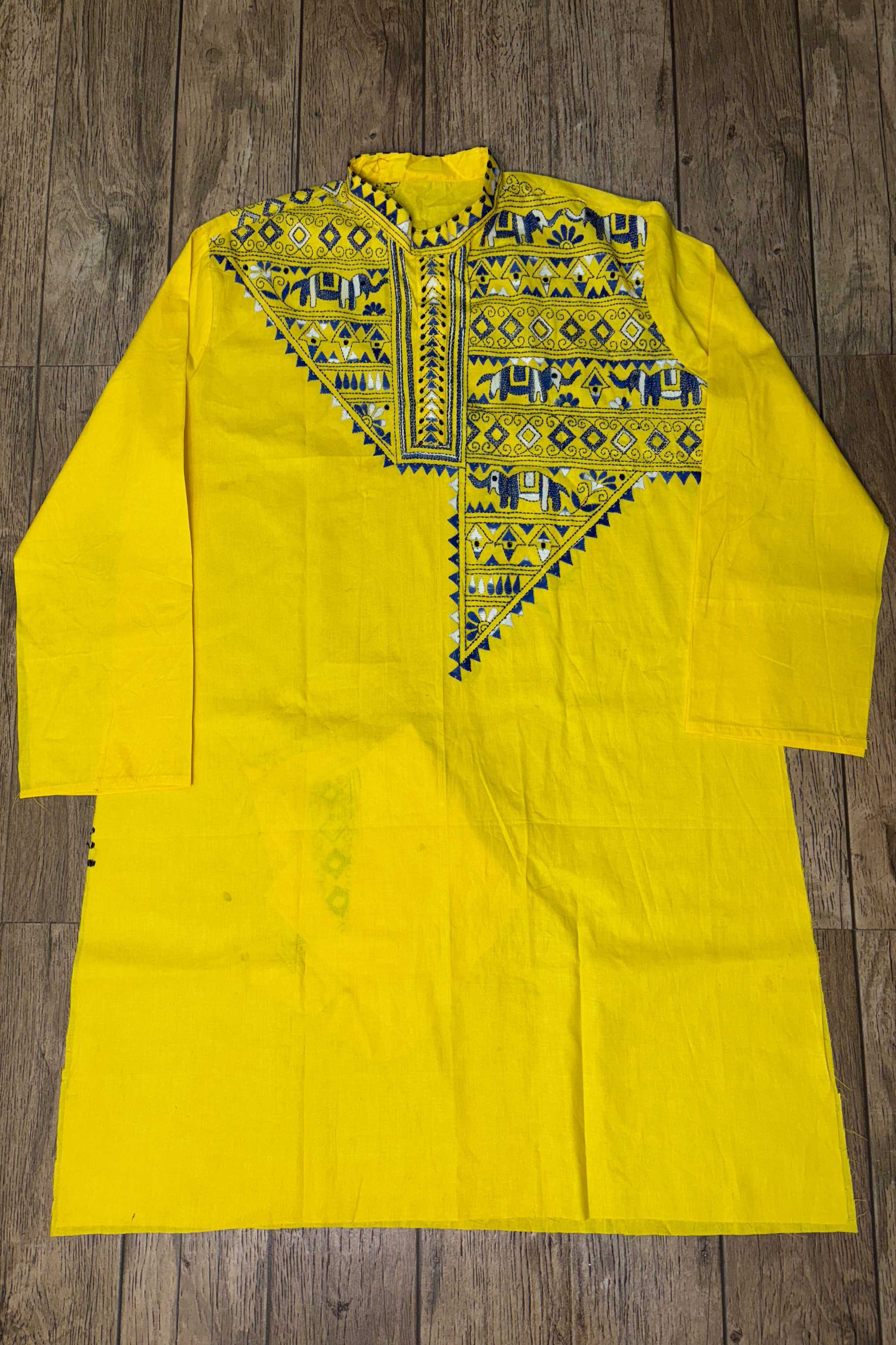 Yellow Pure Cotton with Kantha Work (Hand Embroidery) Panjabi