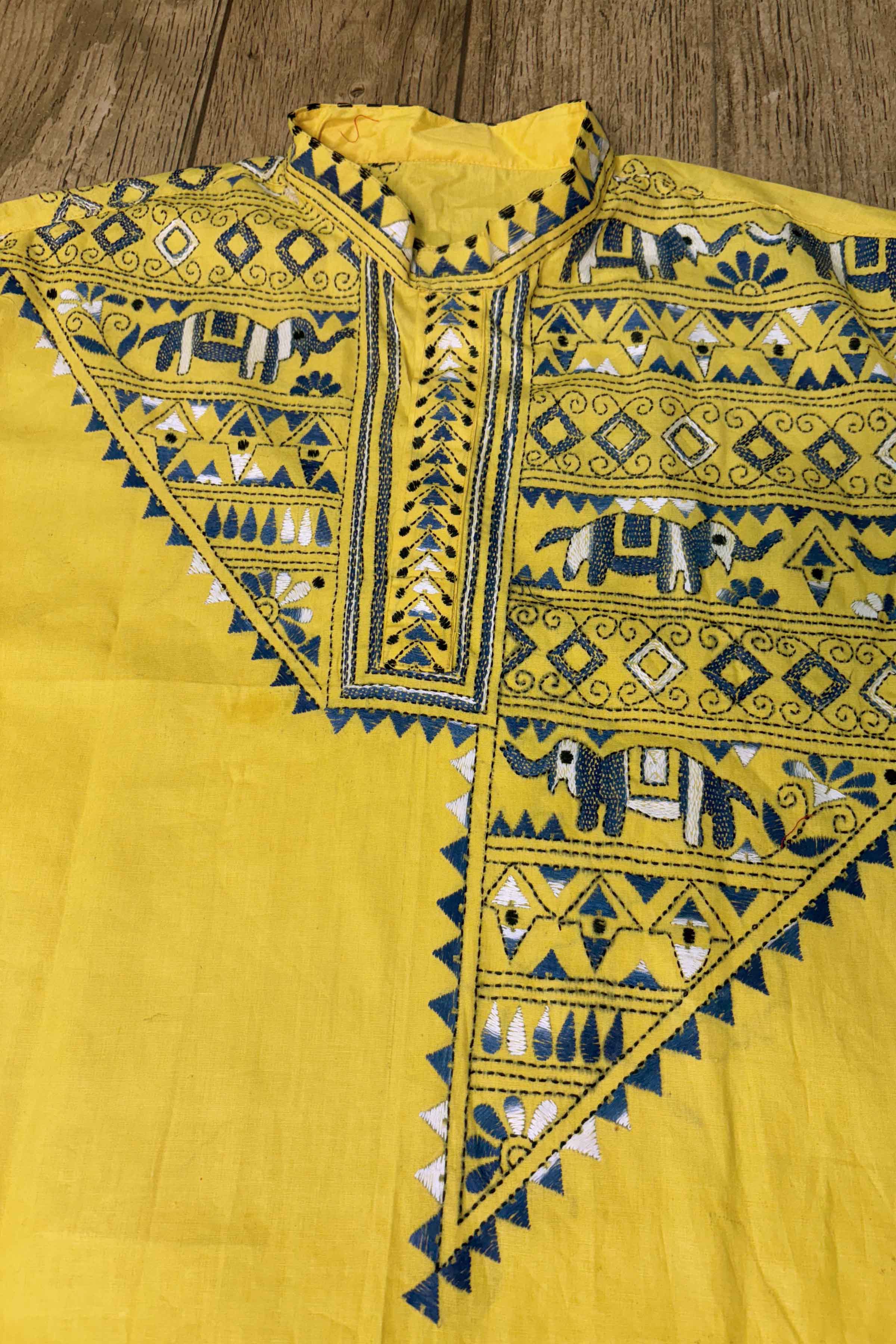 Yellow Pure Cotton with Kantha Work (Hand Embroidery) Panjabi