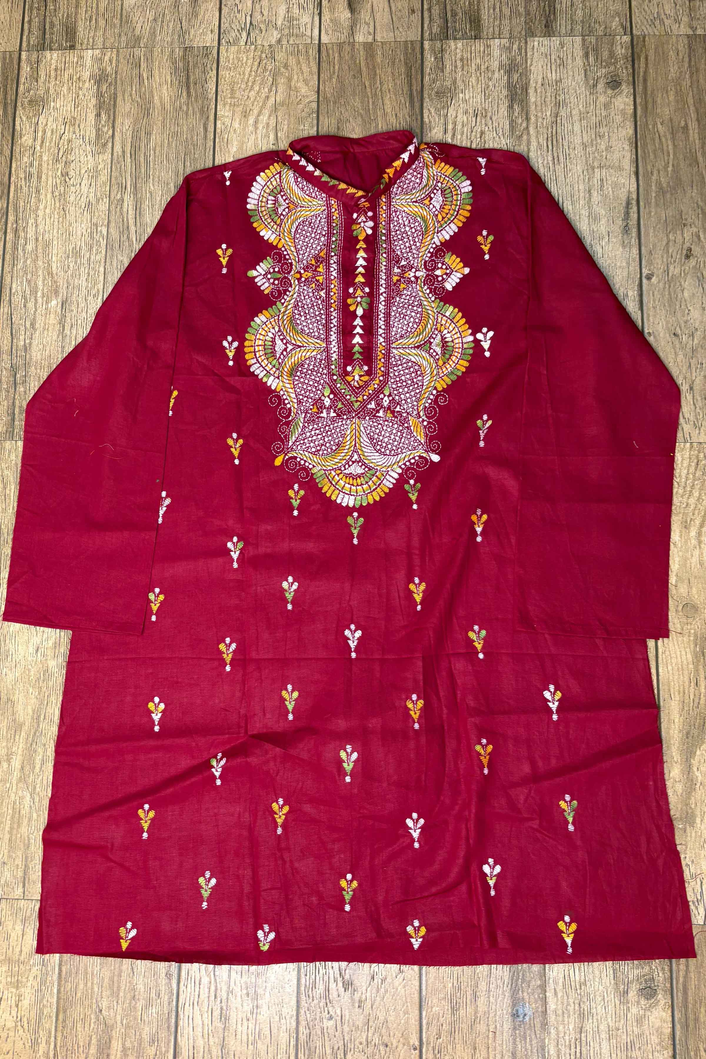 Maroon Pure Cotton with Kantha Work (Hand Embroidery) Panjabi