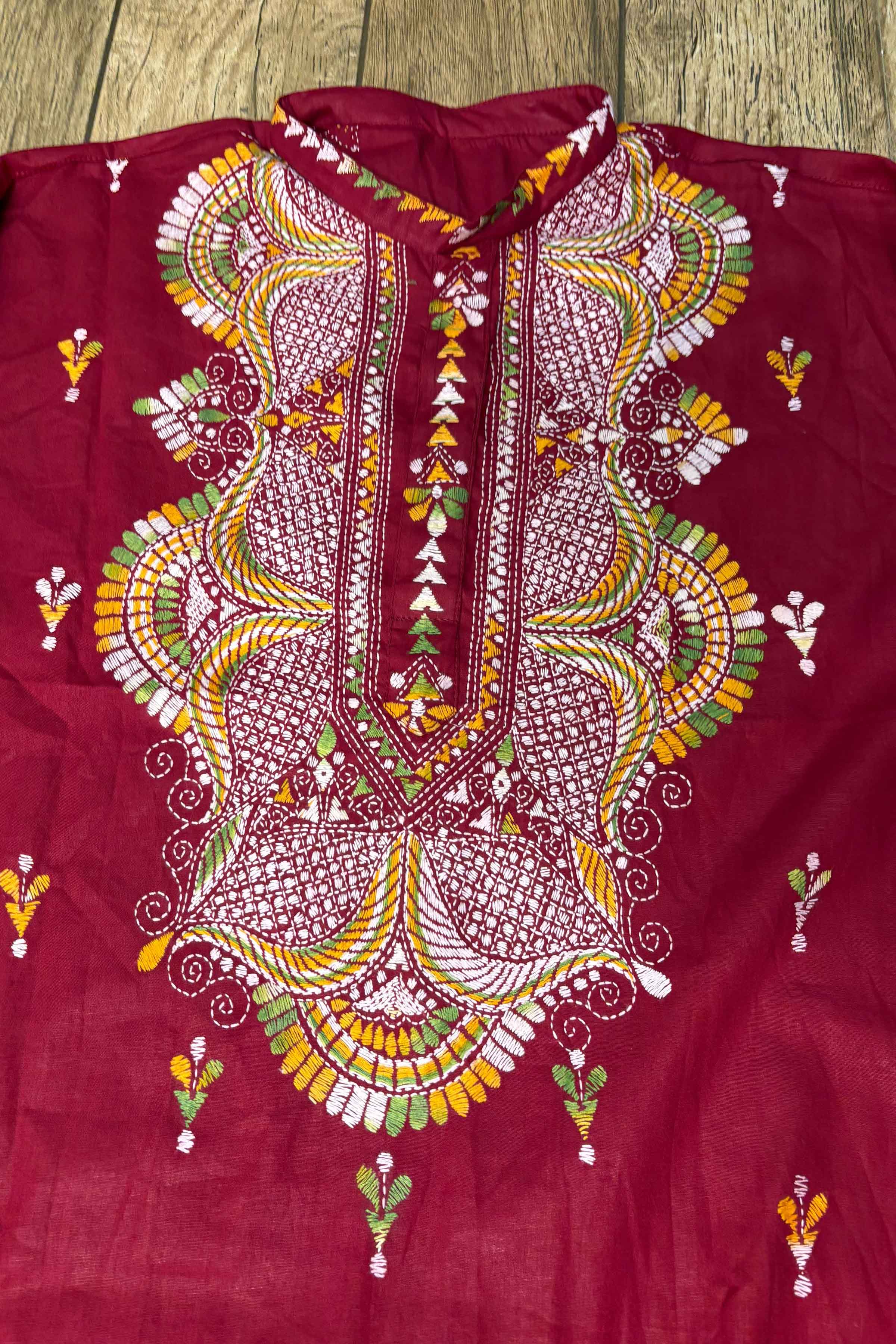 Maroon Pure Cotton with Kantha Work (Hand Embroidery) Panjabi