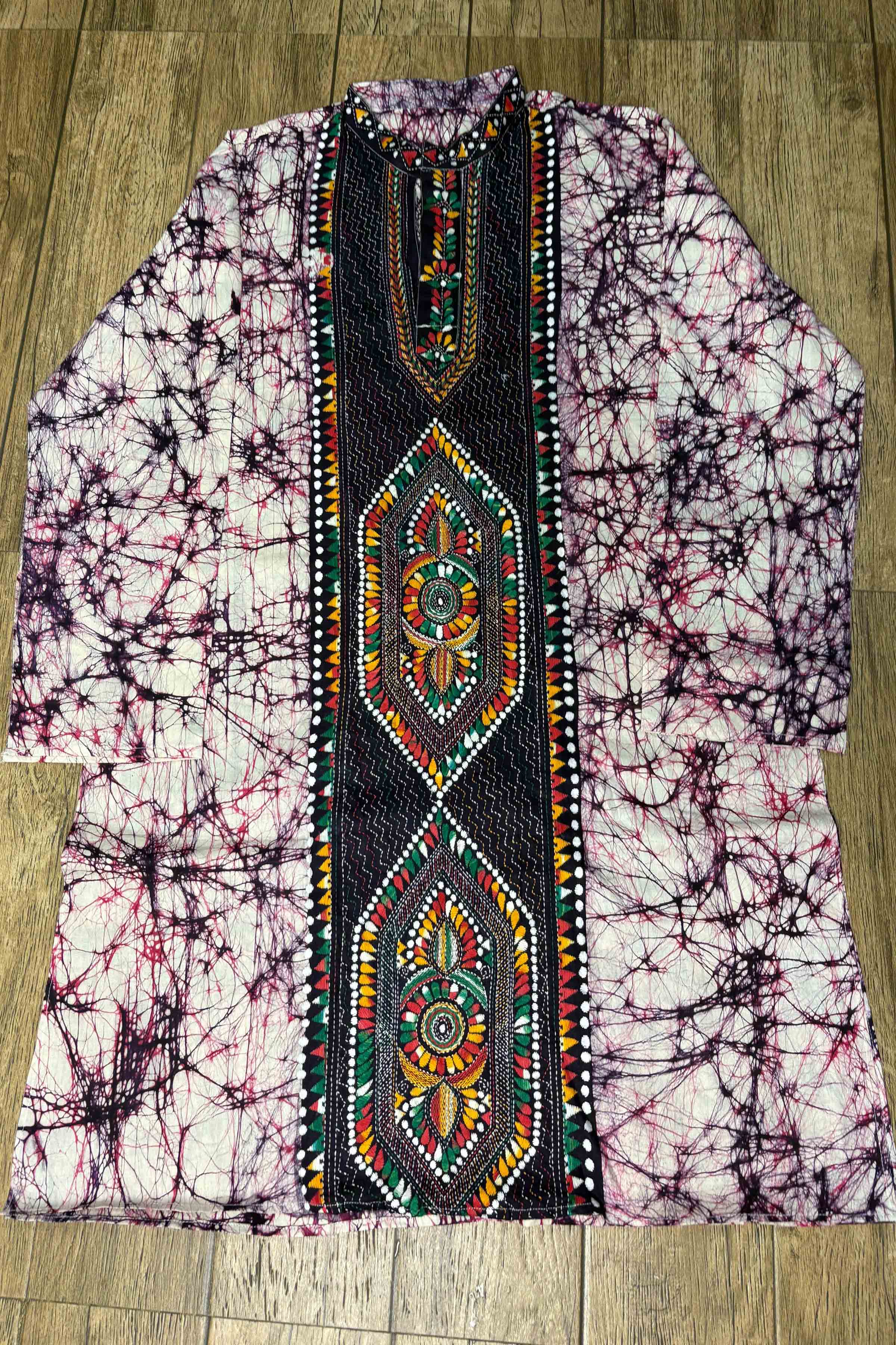 Crack Batik on Pure Cotton with Kantha Work (Hand Embroidery) Panjabi