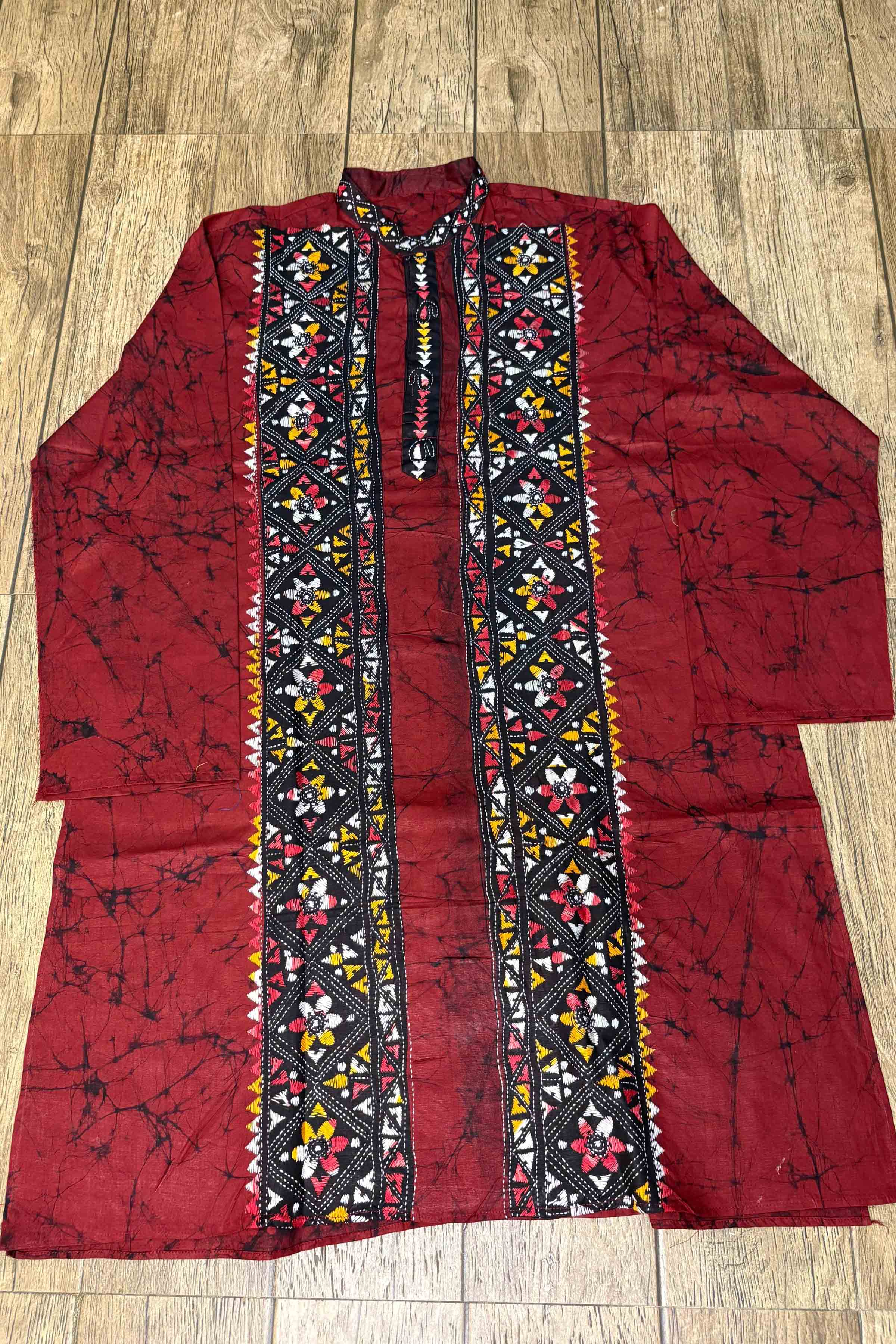 Red Pure Cotton Batik with Kantha Work (Hand Embroidery) Panjabi