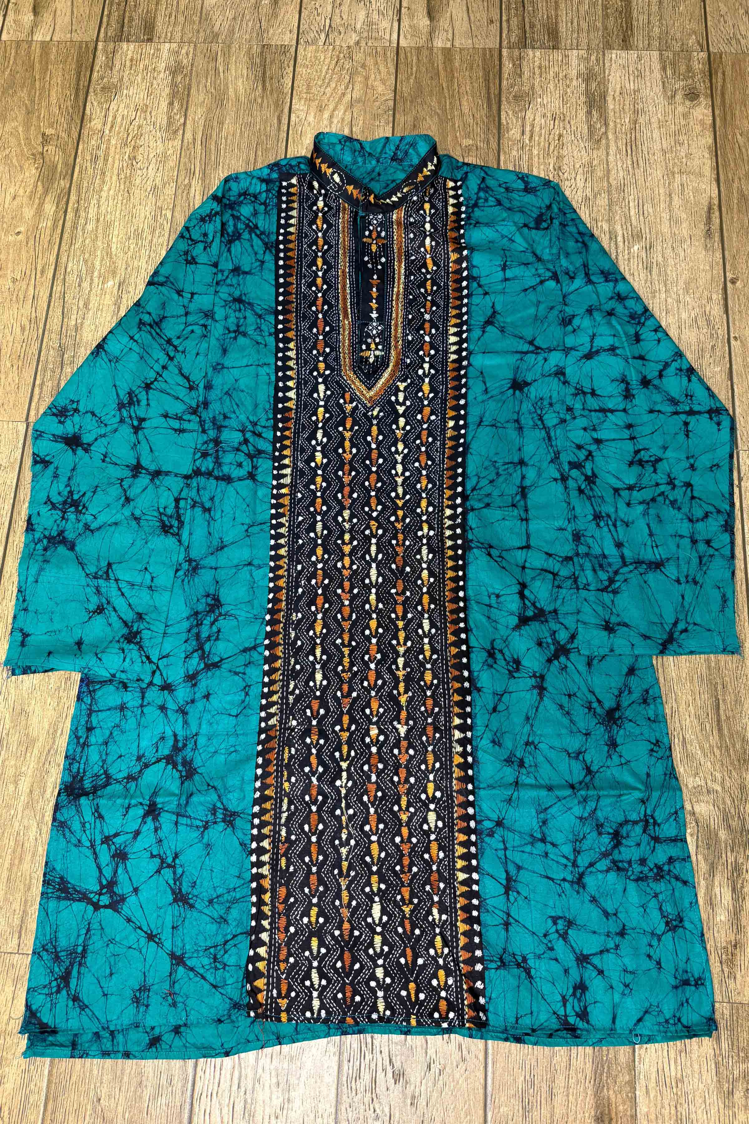 Sea Green Pure Cotton Batik with Kantha Work (Hand Embroidery) Panjabi