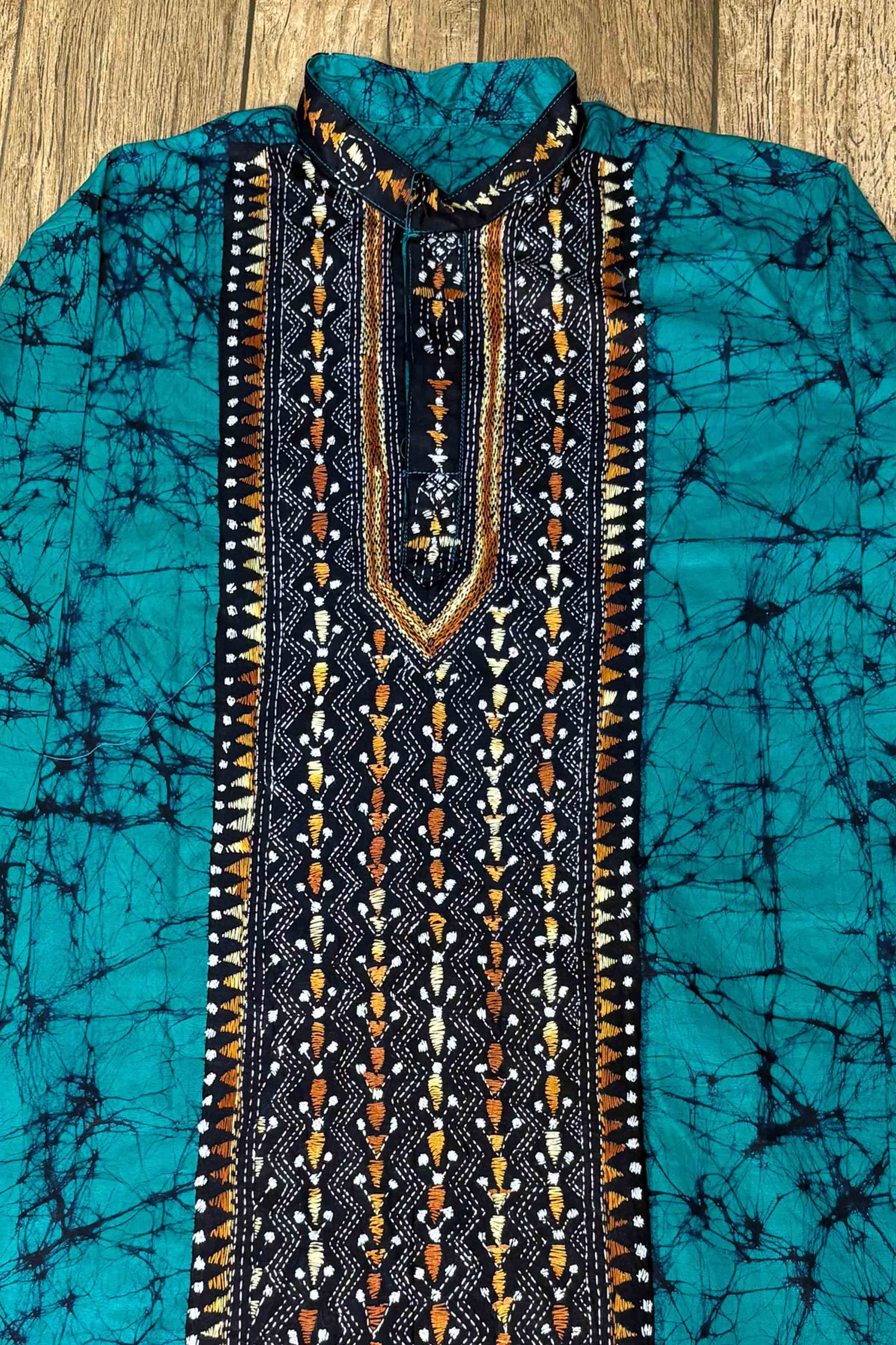 Sea Green Pure Cotton Batik with Kantha Work (Hand Embroidery) Panjabi