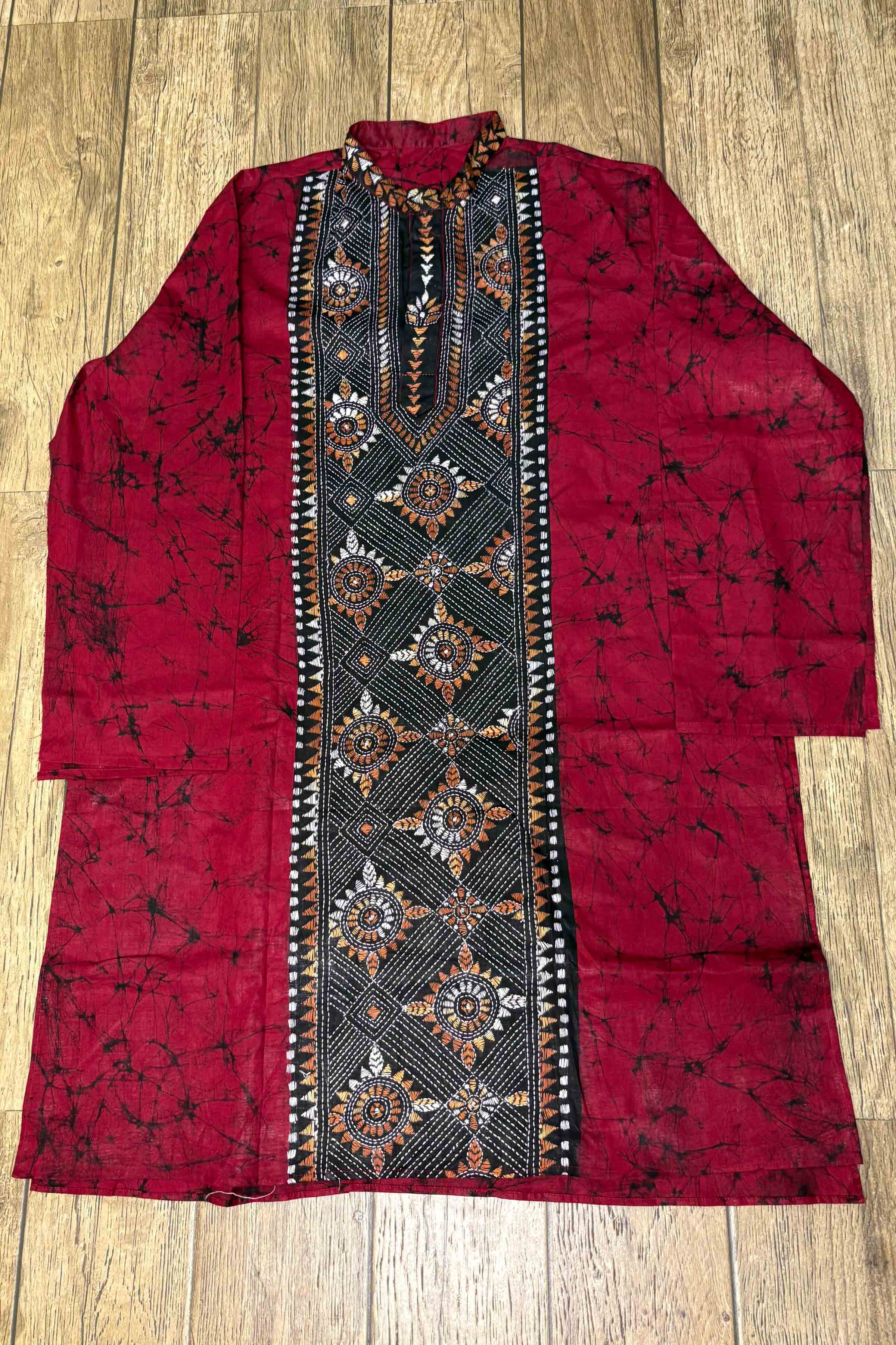 Red Pure Cotton Batik with Kantha Work (Hand Embroidery) Panjabi