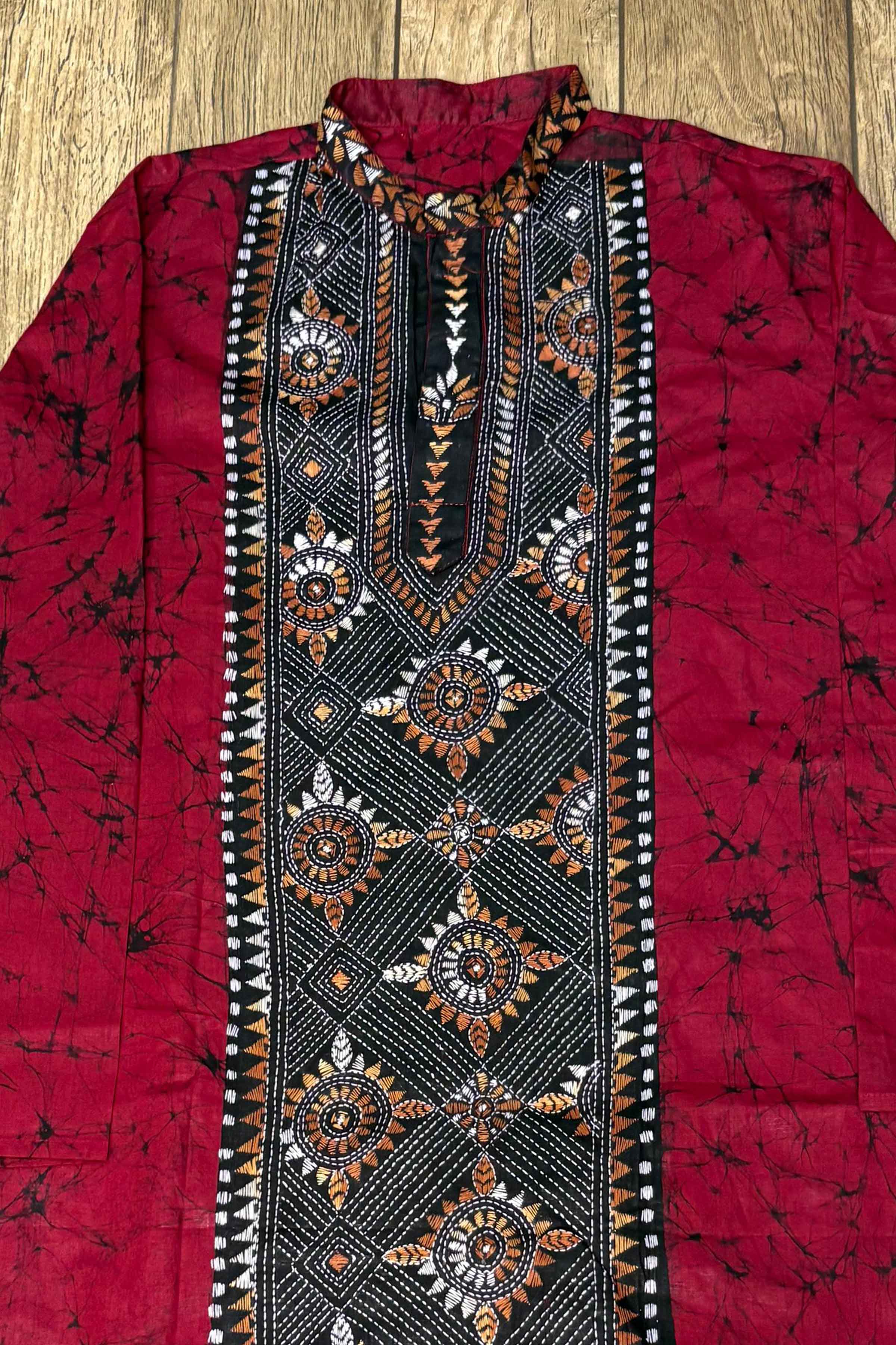 Red Pure Cotton Batik with Kantha Work (Hand Embroidery) Panjabi