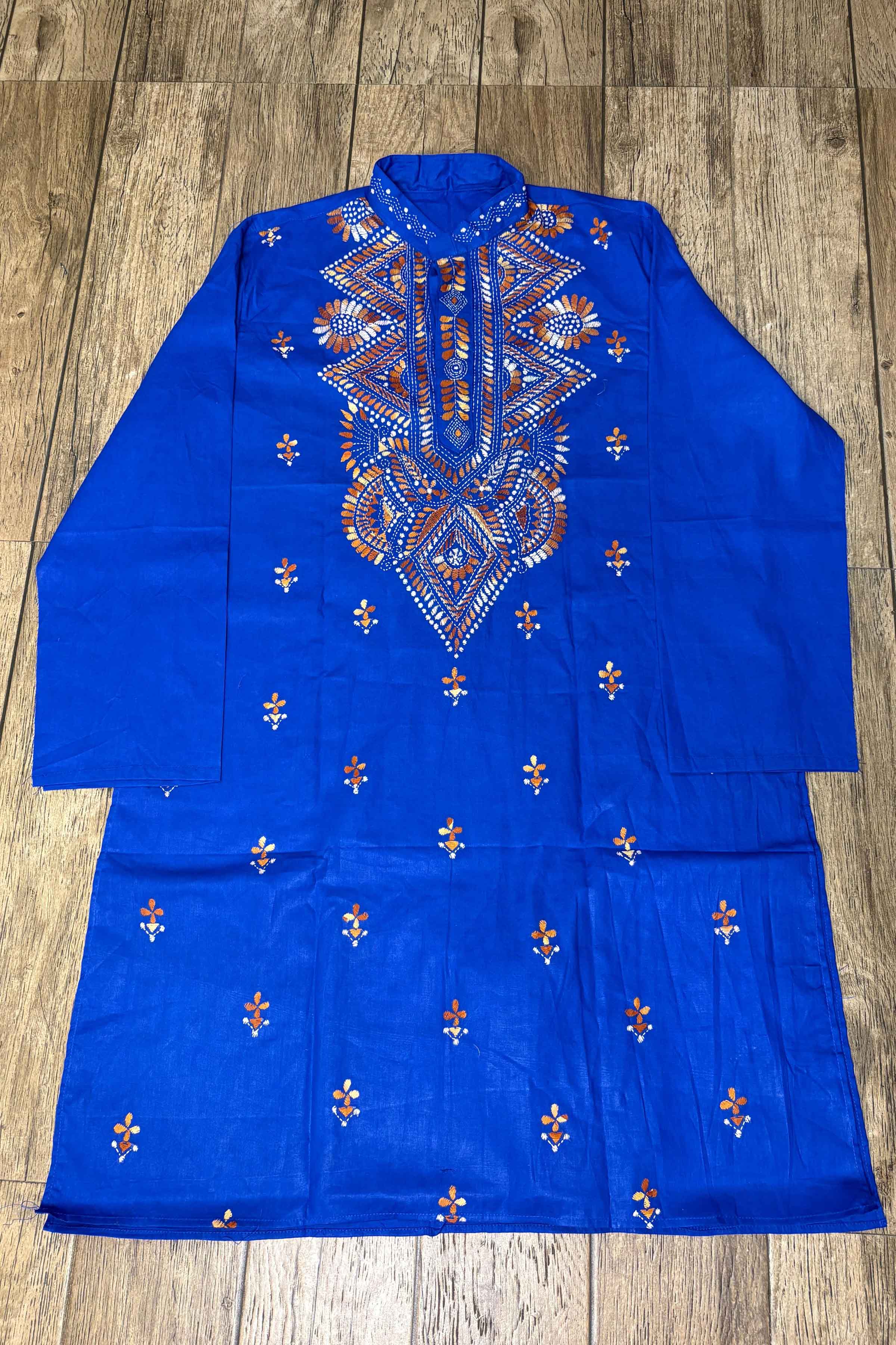 Blue Pure Cotton with Kantha Work (Hand Embroidery) Panjabi